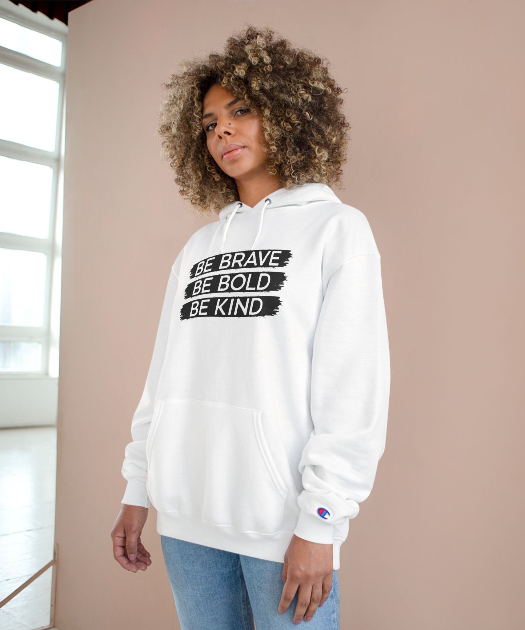 Champion Hoodie - Bold, Brave, Kind Minimalist Hand Sign Print