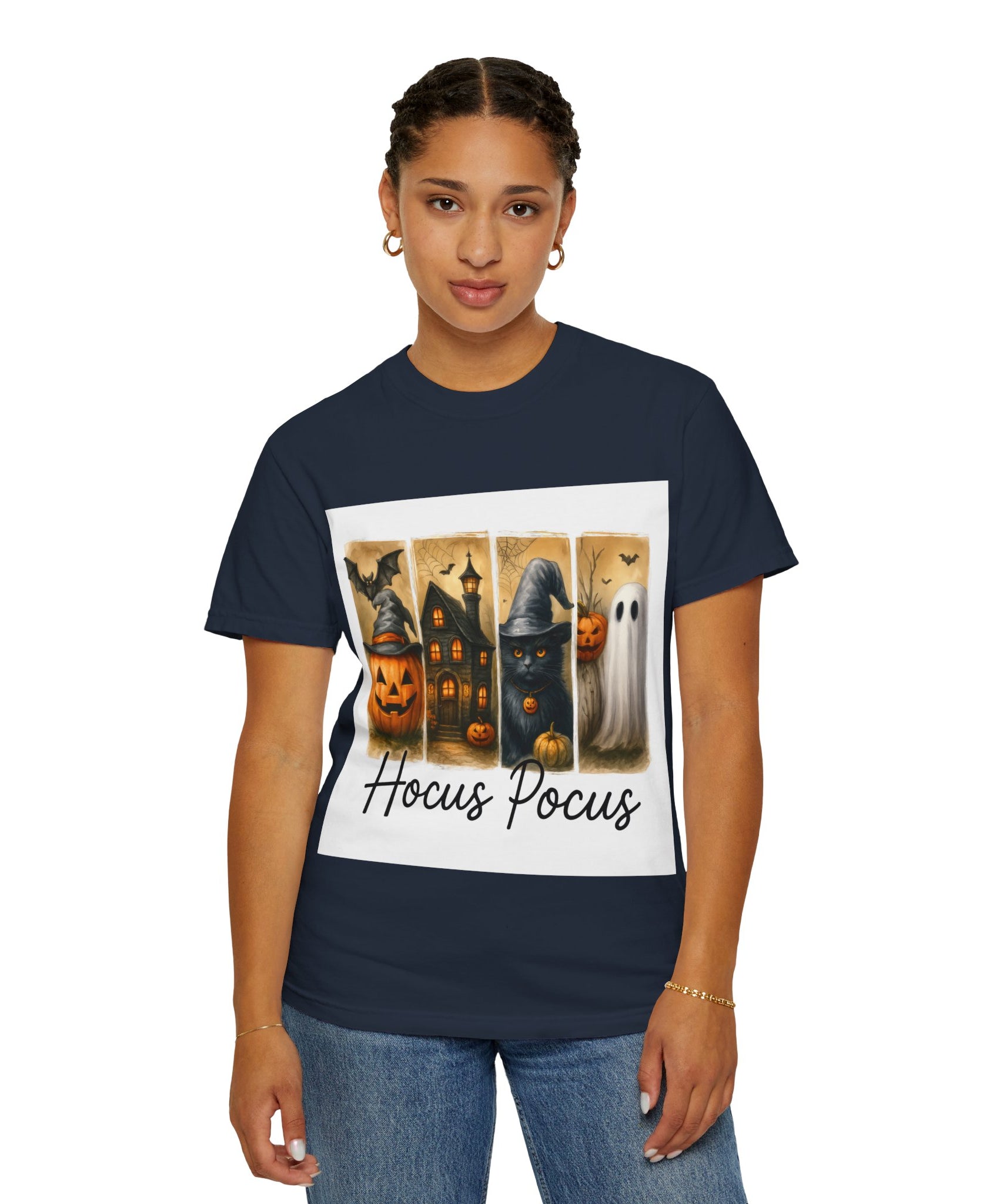 Hocus Pocus Halloween Unisex T-Shirt – Witchy Cat, Haunted House, Pumpkin & Ghost Art - Gallory Hive