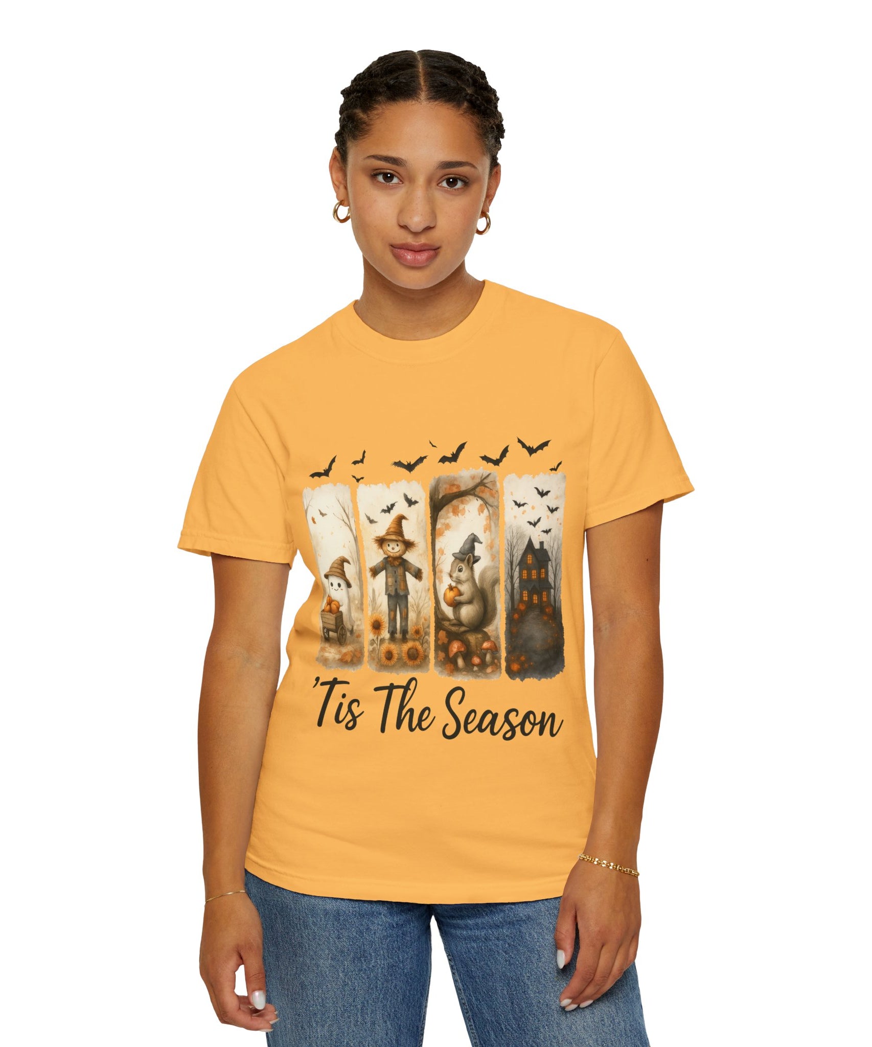 Tis The Season Fall Halloween T-Shirt – Cute Ghost, Scarecrow, Squirrel & Haunted House Design - Gallory Hive