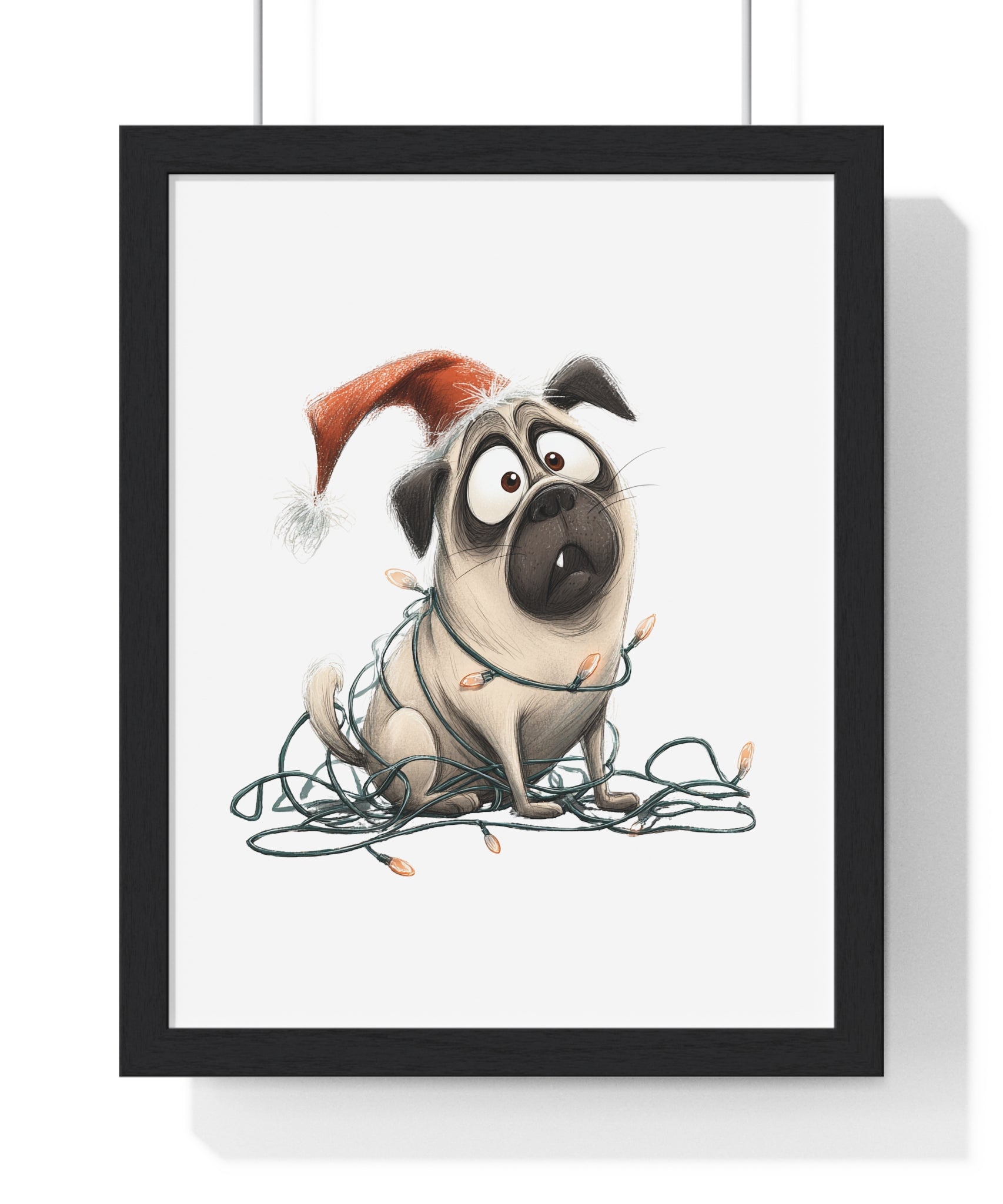 Festive Pug Wrapped in Christmas Lights – Wooden Wall Frame Home Decor