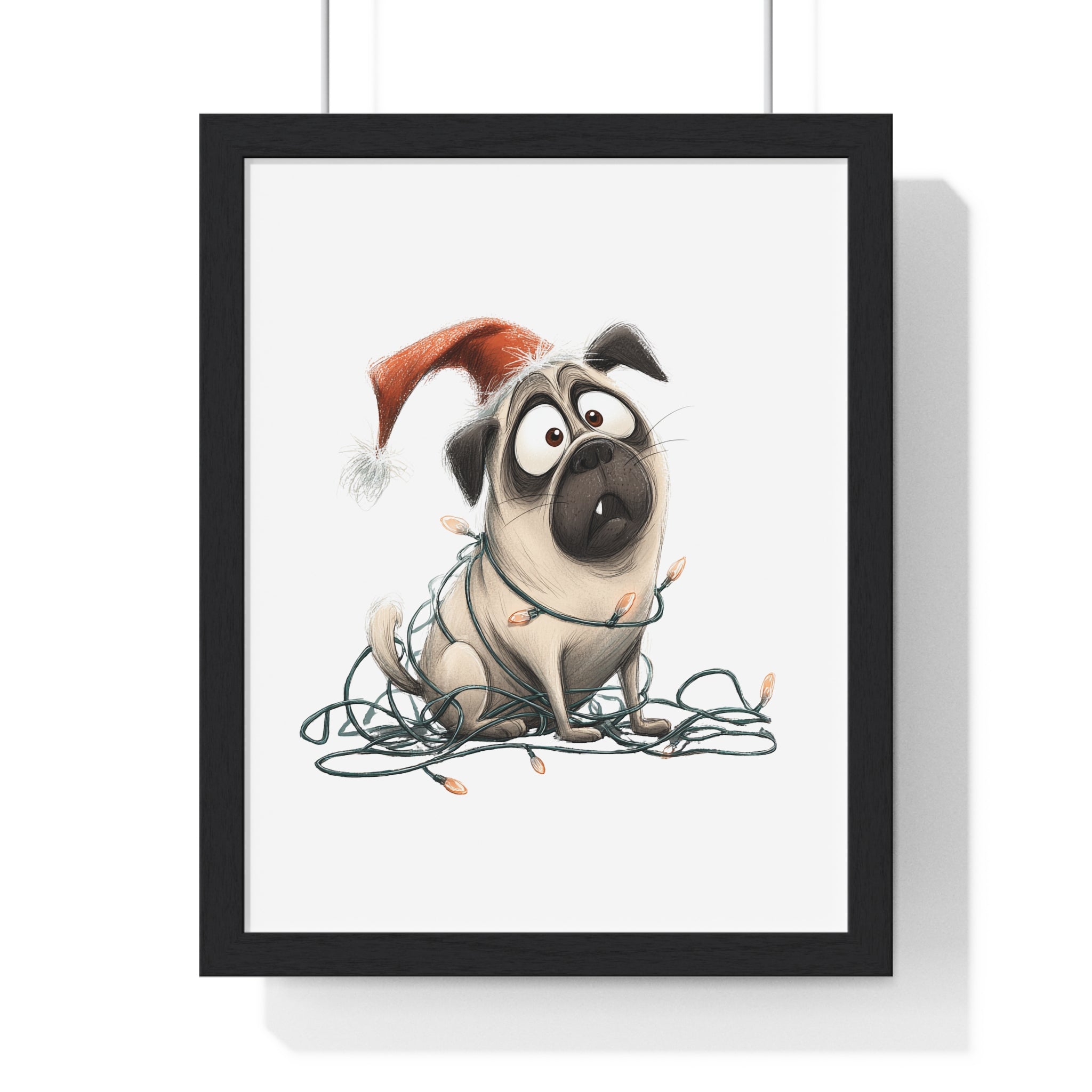 Festive Pug Wrapped in Christmas Lights – Wooden Wall Frame Home Decor