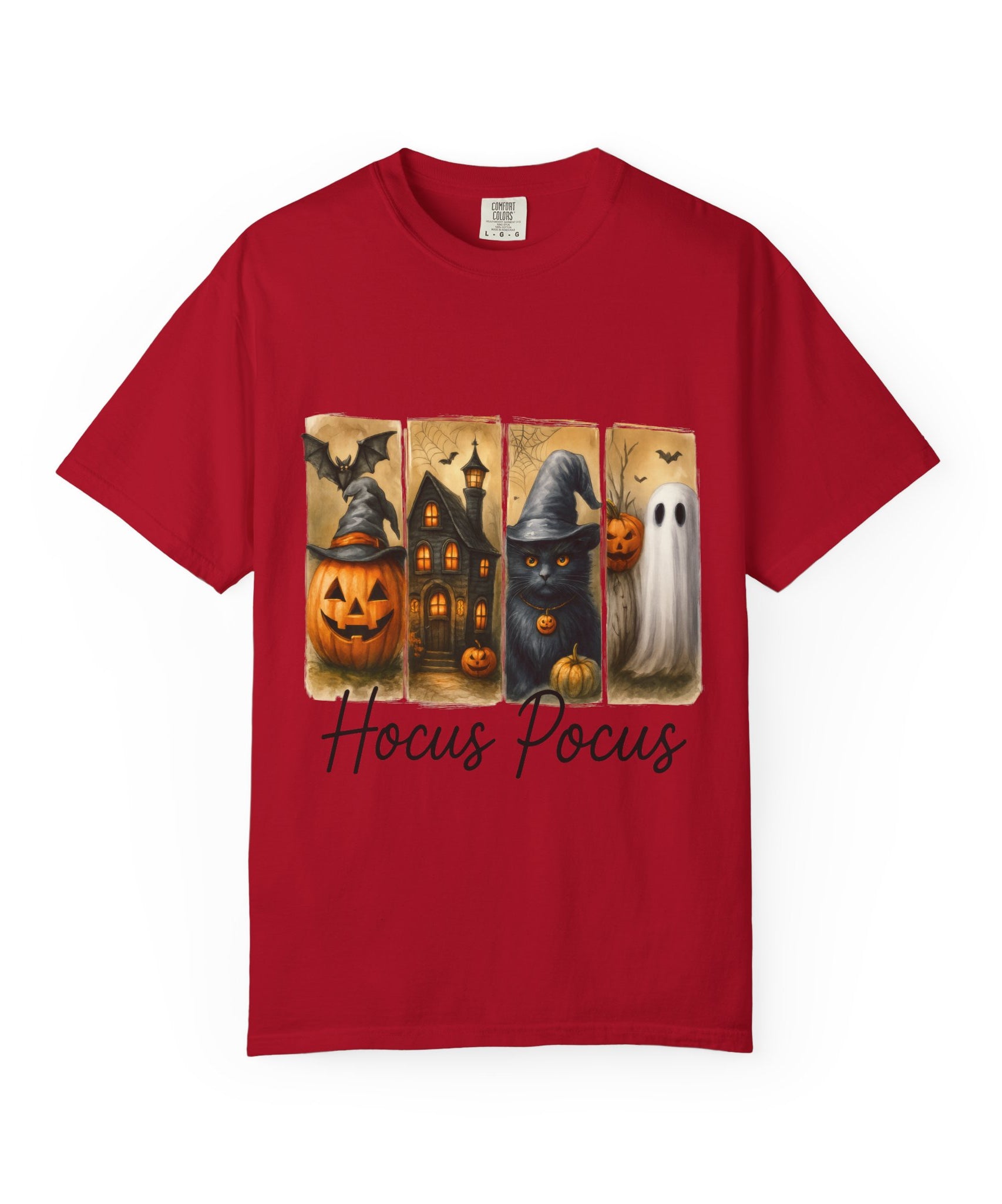 Hocus Pocus Halloween Unisex T-Shirt – Witchy Cat, Haunted House, Pumpkin & Ghost Art - Gallory Hive
