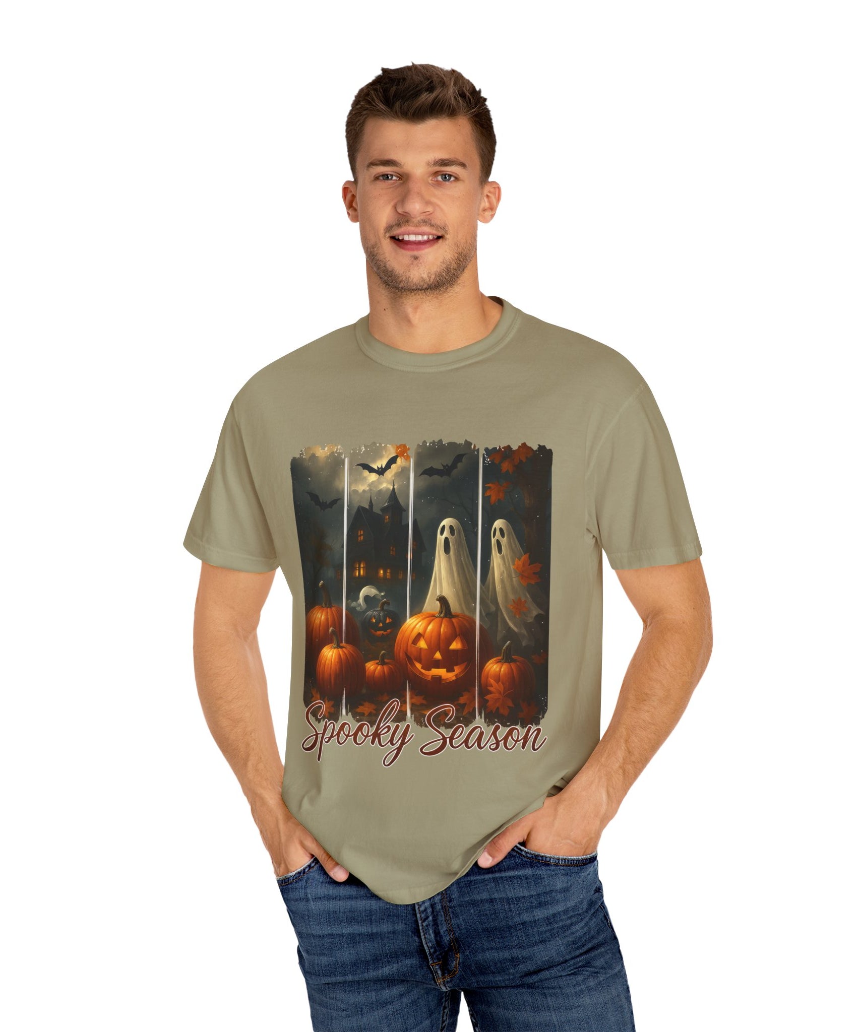 Spooky Season Unisex Halloween T-Shirt – Haunted House, Pumpkins & Ghosts Fall Design - Gallory Hive