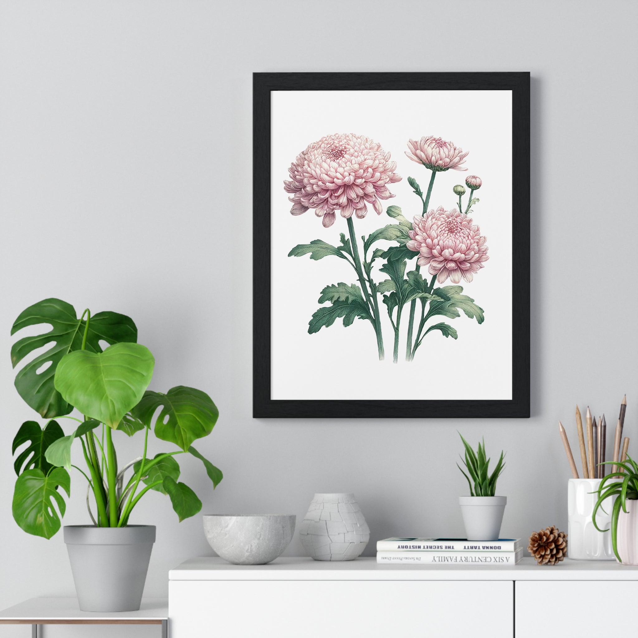 November Birth Month Flower Wall Art – Pink Chrysanthemum Illustration in Wooden Frame | Loyalty, Love & Joy