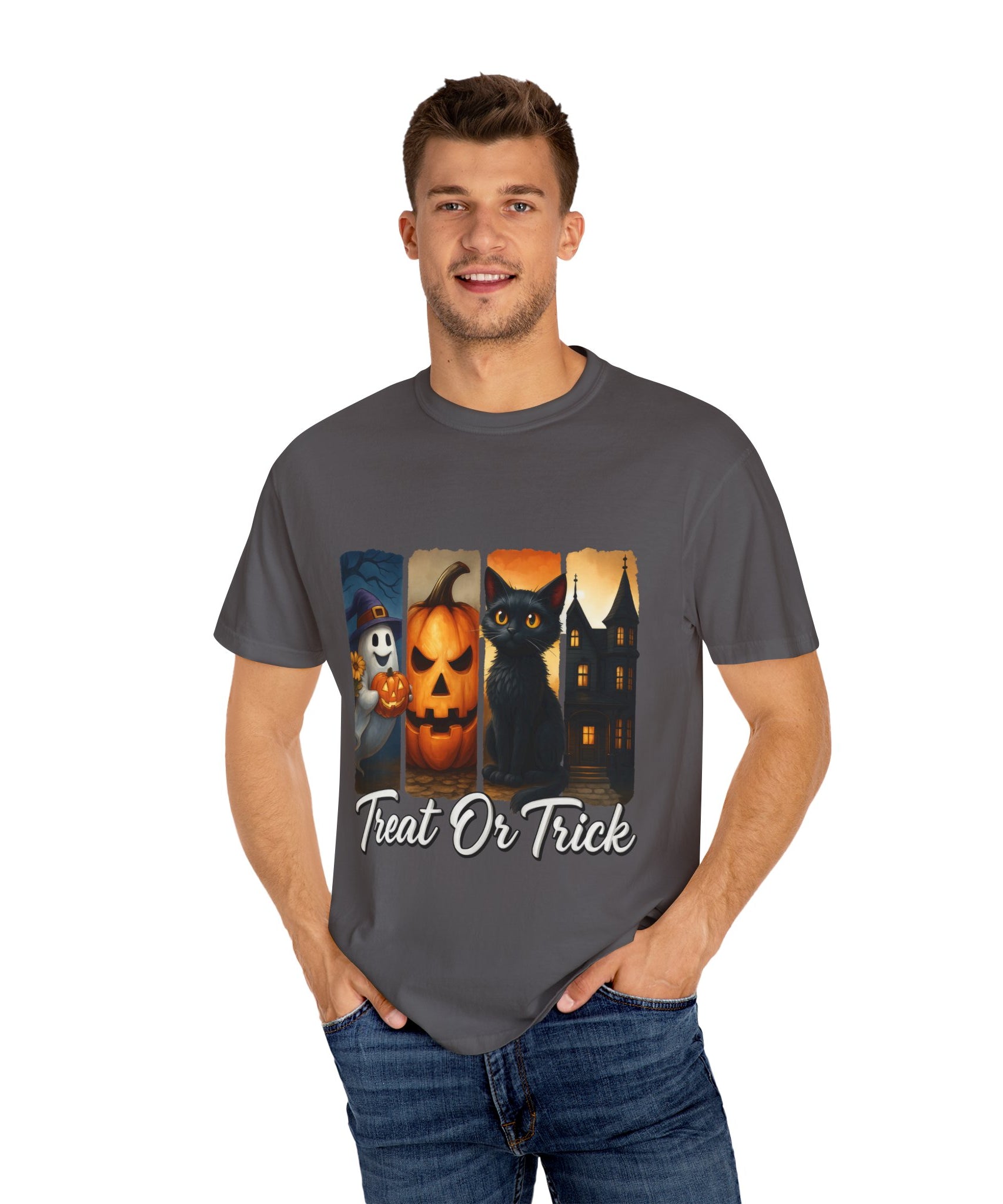 Treat Or Trick Halloween T-Shirt – Cute Ghost, Pumpkin, Black Cat & Haunted House Design - Gallory Hive