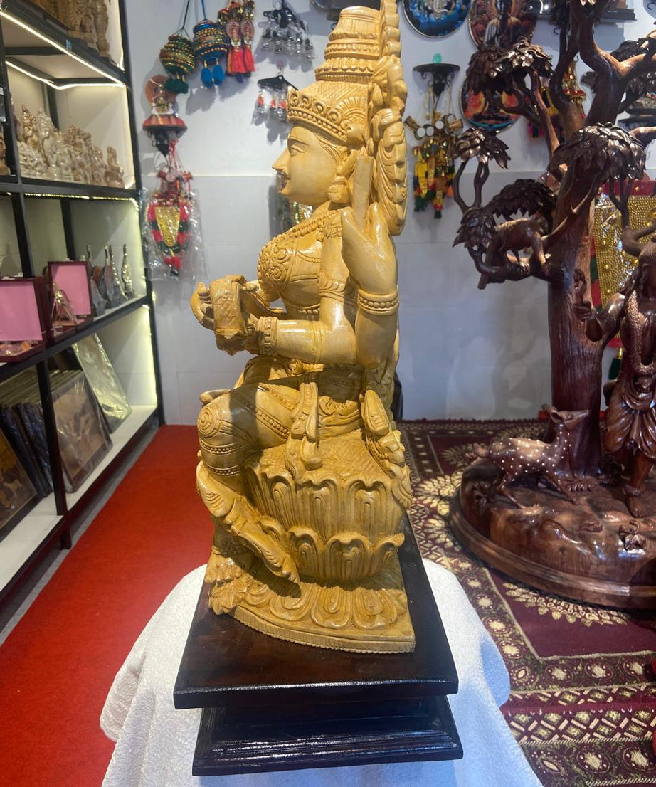 Handmade Sitting Saraswati Wooden Sculpture | Gallory Hive