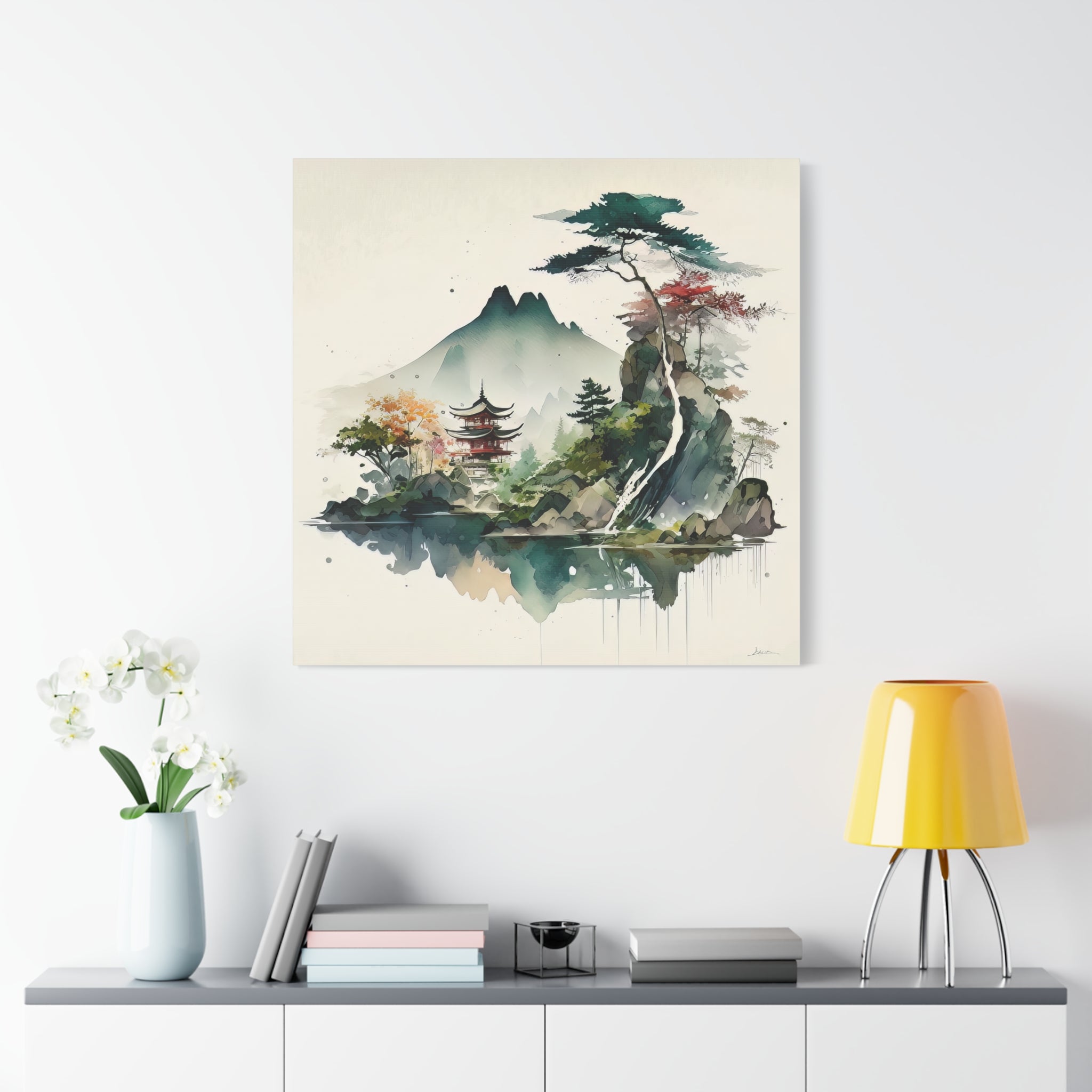 Tranquil Pagoda Reflections - Japanese Watercolor Mountain Landscape Art Print, Floral Canvas Print, Asian-Inspired Home Decor - Gallory Hive