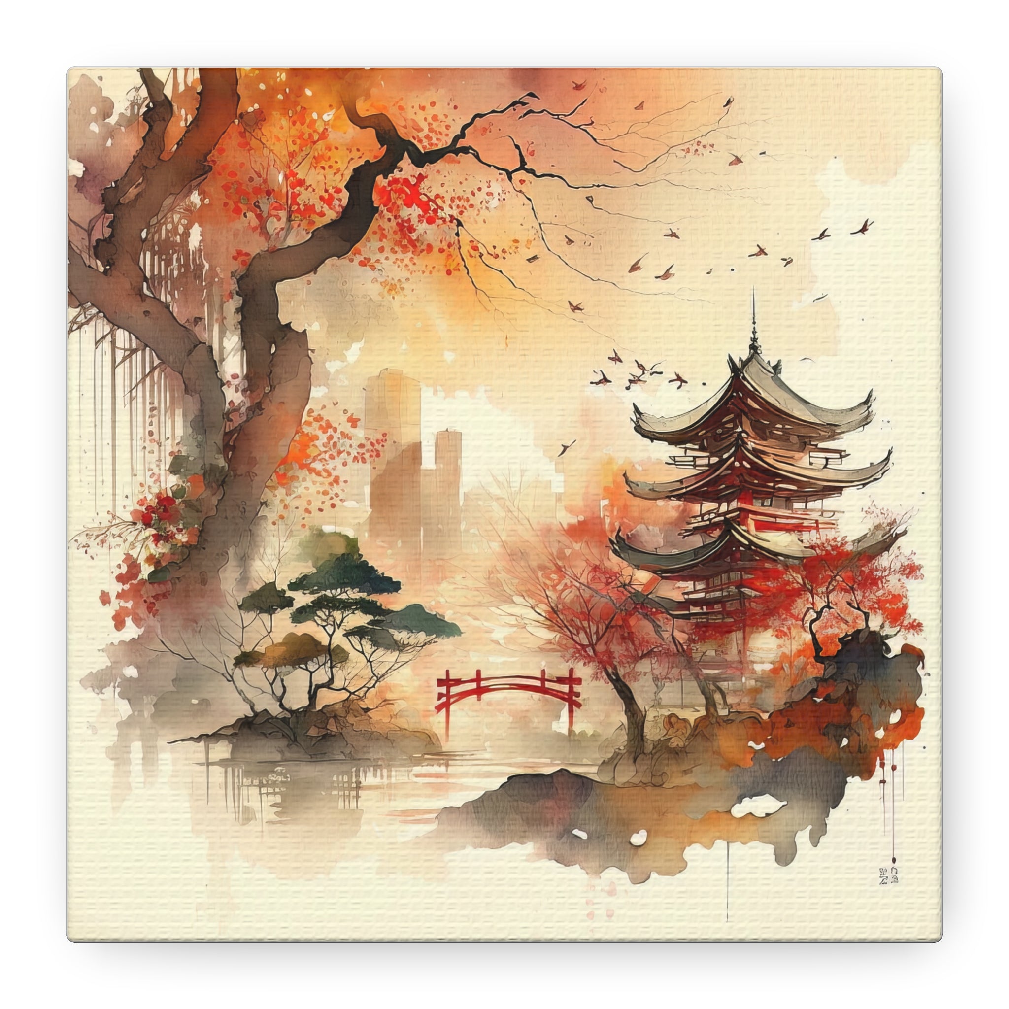 Autumn Japanese Temple Watercolor Art – Pagoda, Red Bridge & Fall Foliage, Floral Canvas Print, Asian-Inspired Home Decor