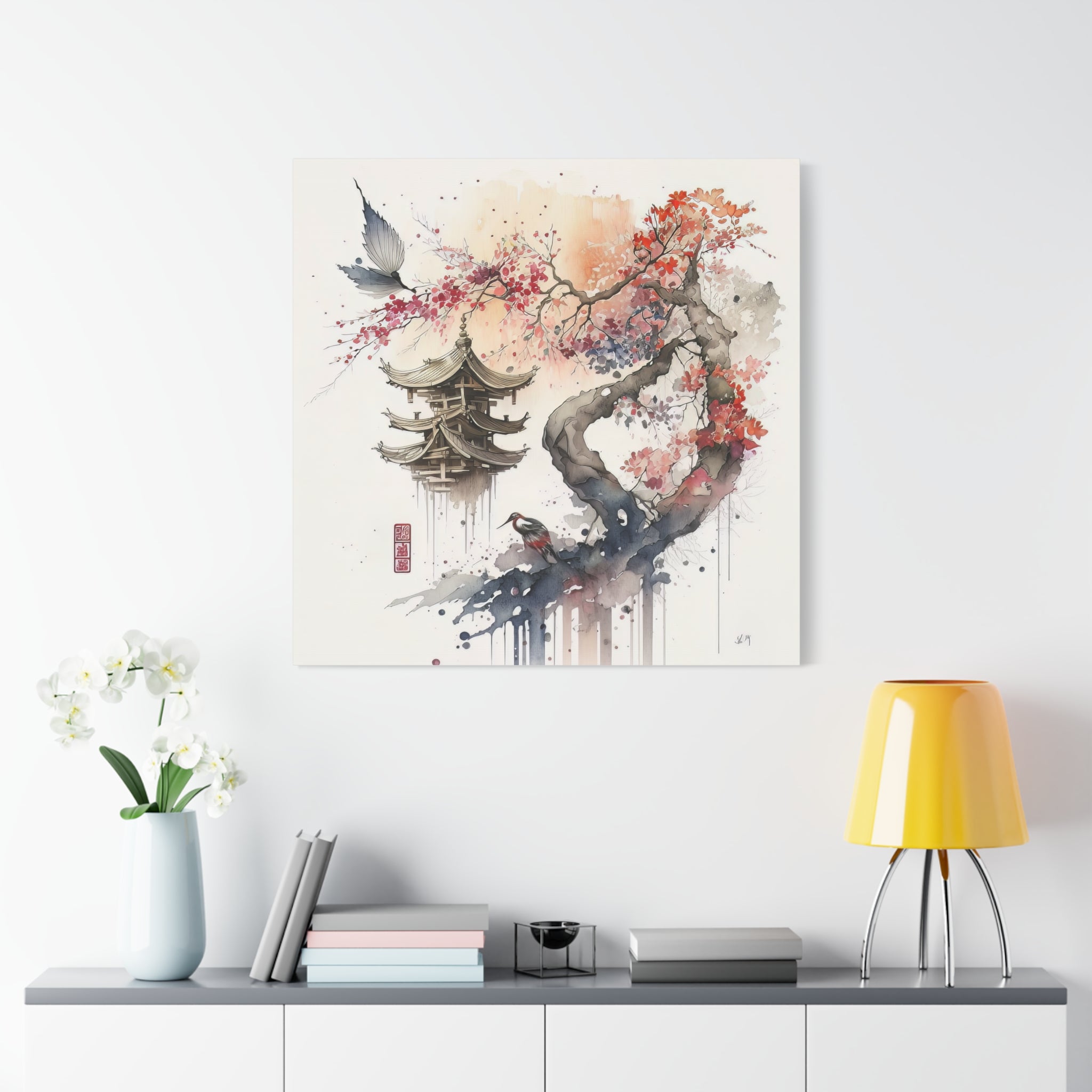 Elegant Pagoda & Bird – Japanese Watercolor Wall Art with Cherry Blossoms and Nature, Floral Canvas Print, Asian-Inspired Home Decor - Gallory Hive
