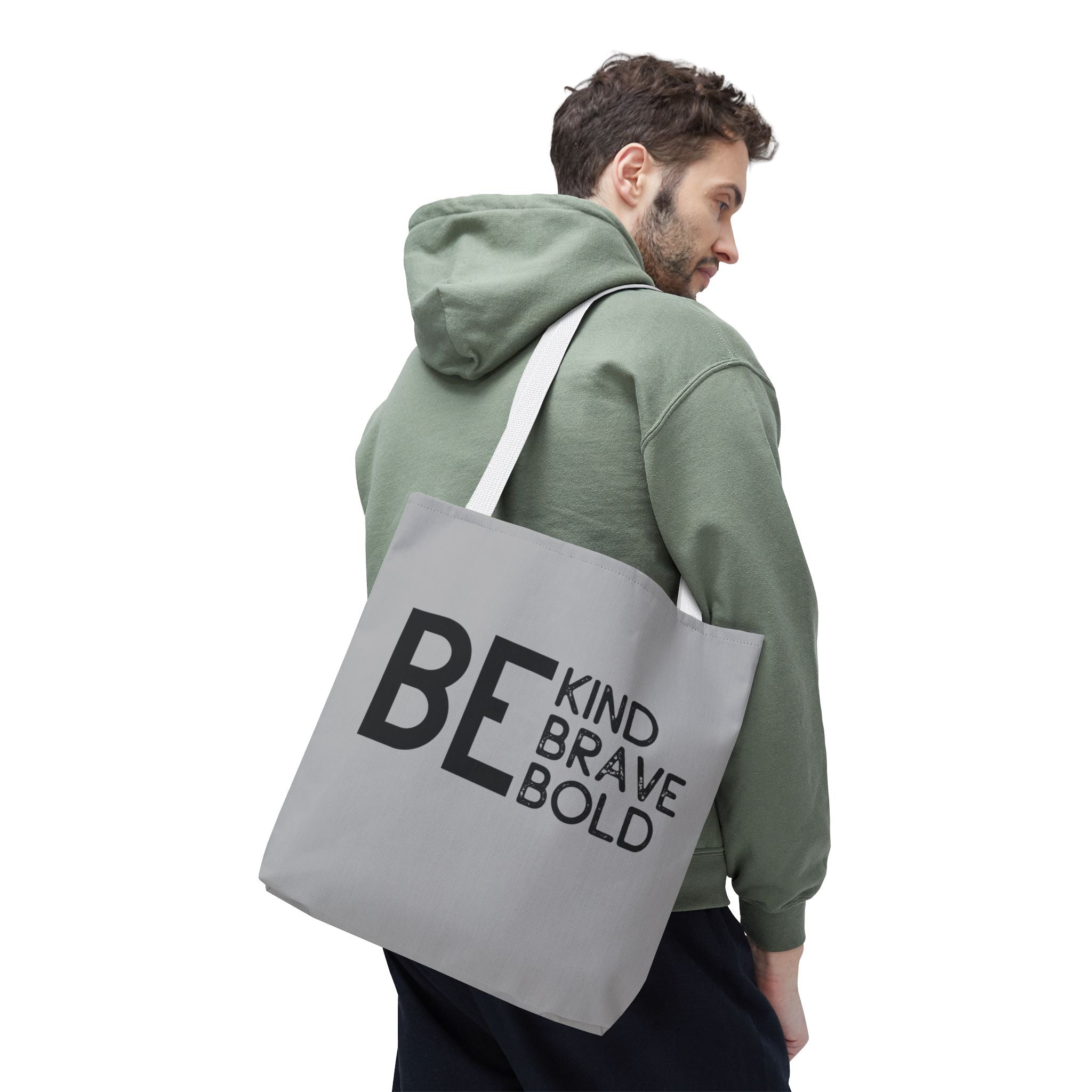Inspirational Tote Bag - Be Kind Brave Bold - Eco-Friendly Carryall - Light Grey