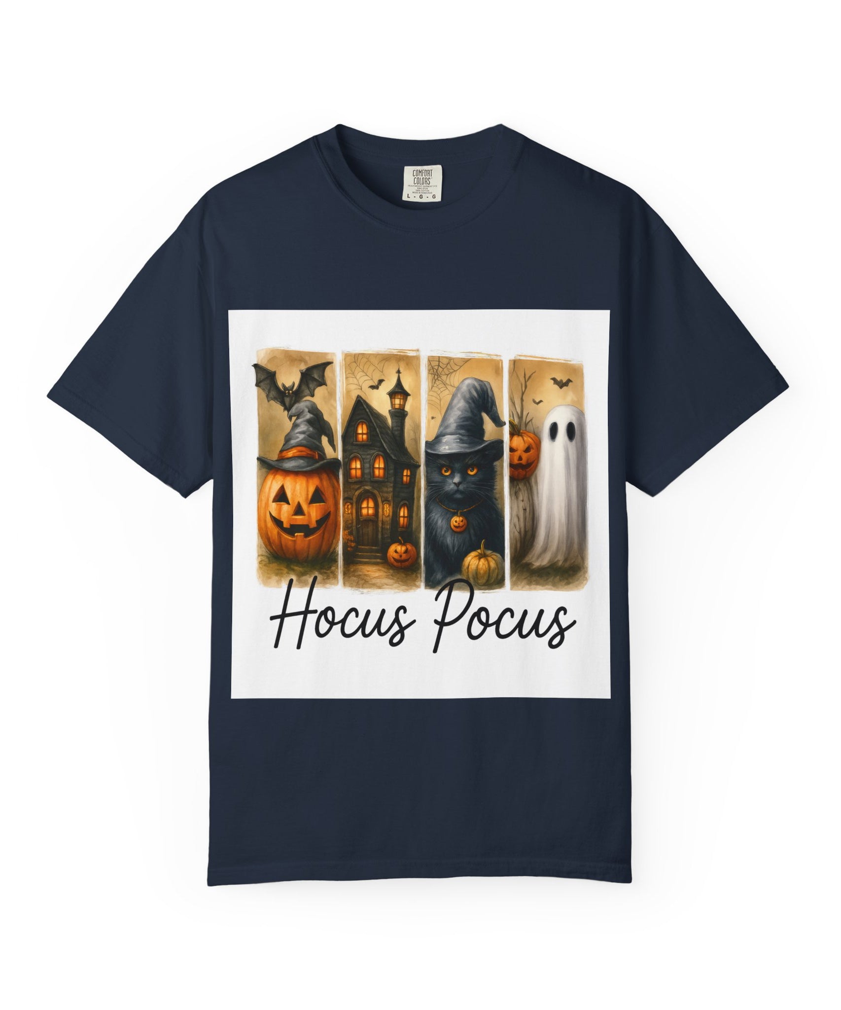Hocus Pocus Halloween Unisex T-Shirt – Witchy Cat, Haunted House, Pumpkin & Ghost Art - Gallory Hive