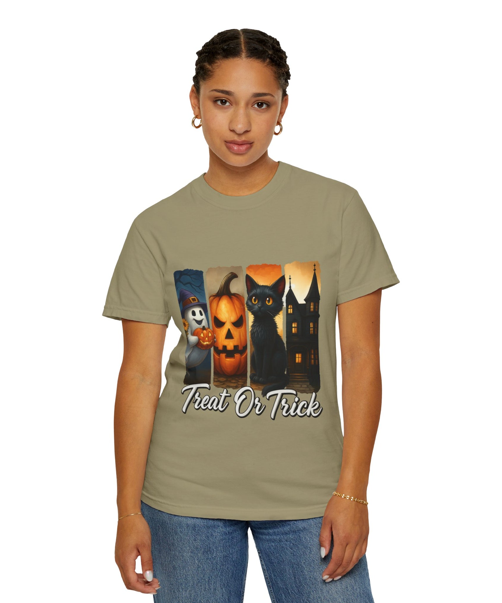 Treat Or Trick Halloween T-Shirt – Cute Ghost, Pumpkin, Black Cat & Haunted House Design - Gallory Hive