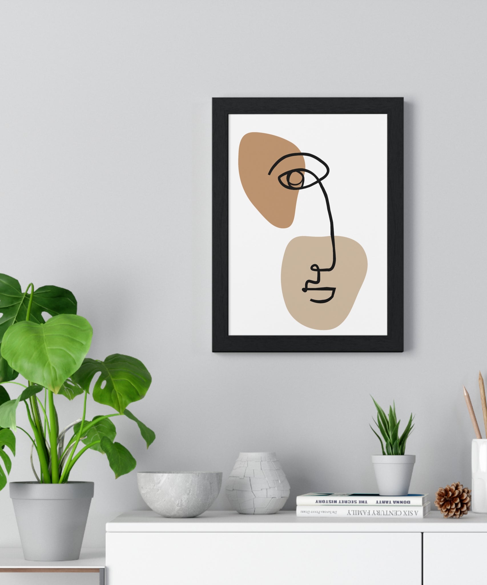 Abstract Face Line Drawing – Wood Frame Poster