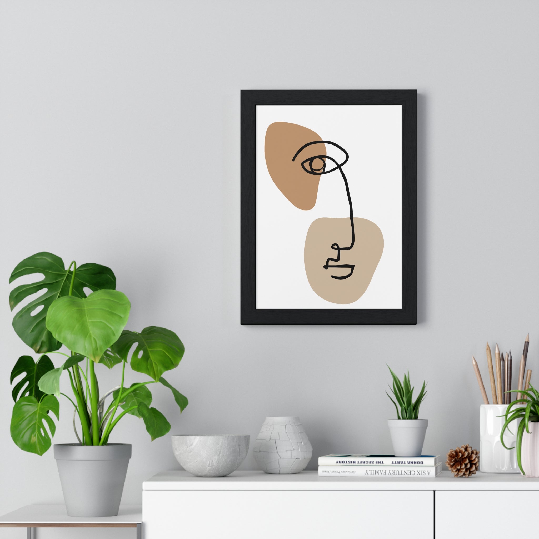 Abstract Face Line Drawing – Wood Frame Poster
