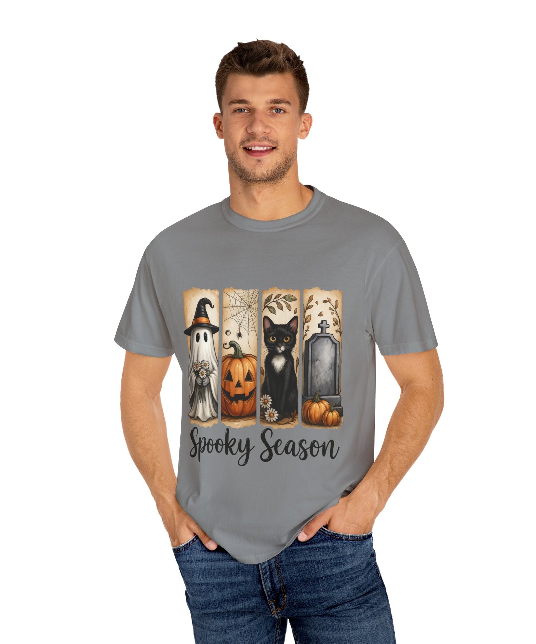 Spooky Season Halloween Unisex T-Shirt – Ghost, Cat & Pumpkin Design - Gallory Hive