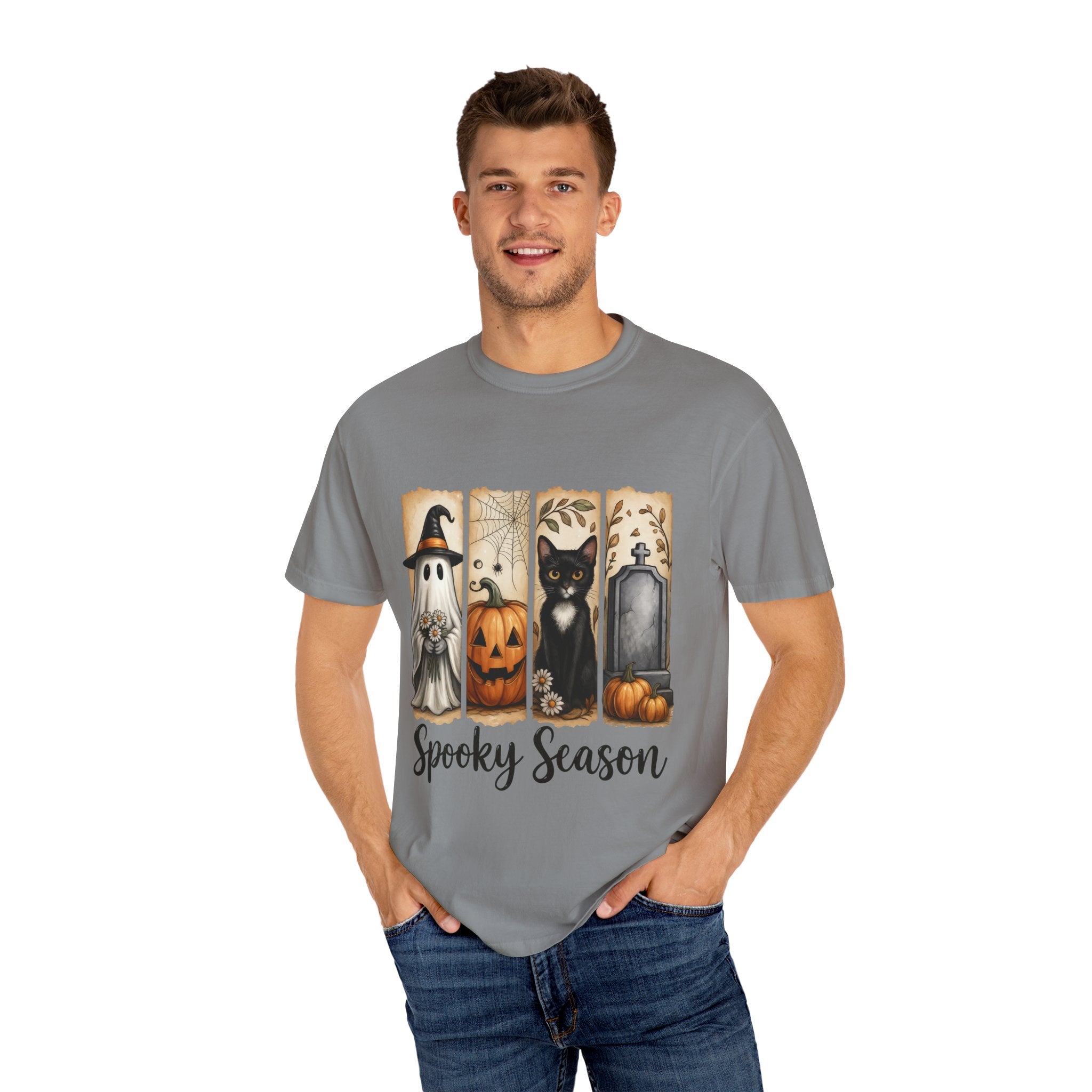 Spooky Season Halloween Unisex T-Shirt – Ghost, Cat & Pumpkin Design - Gallory Hive