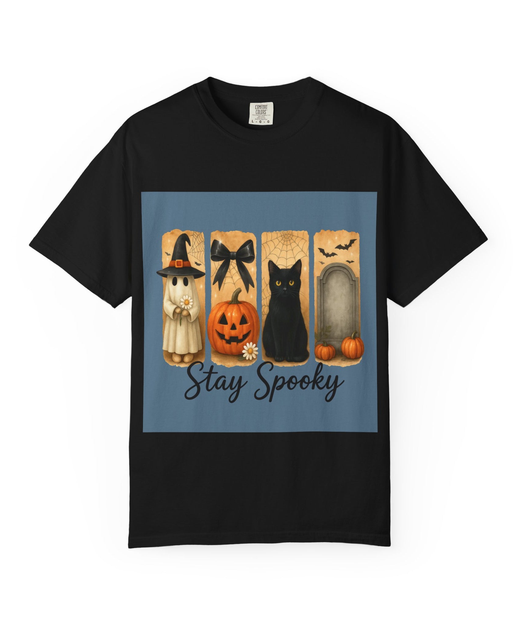 Cute Halloween T-Shirt – Ghost in Witch Hat, Pumpkin, Black Cat & Tombstone Design - Gallory Hive