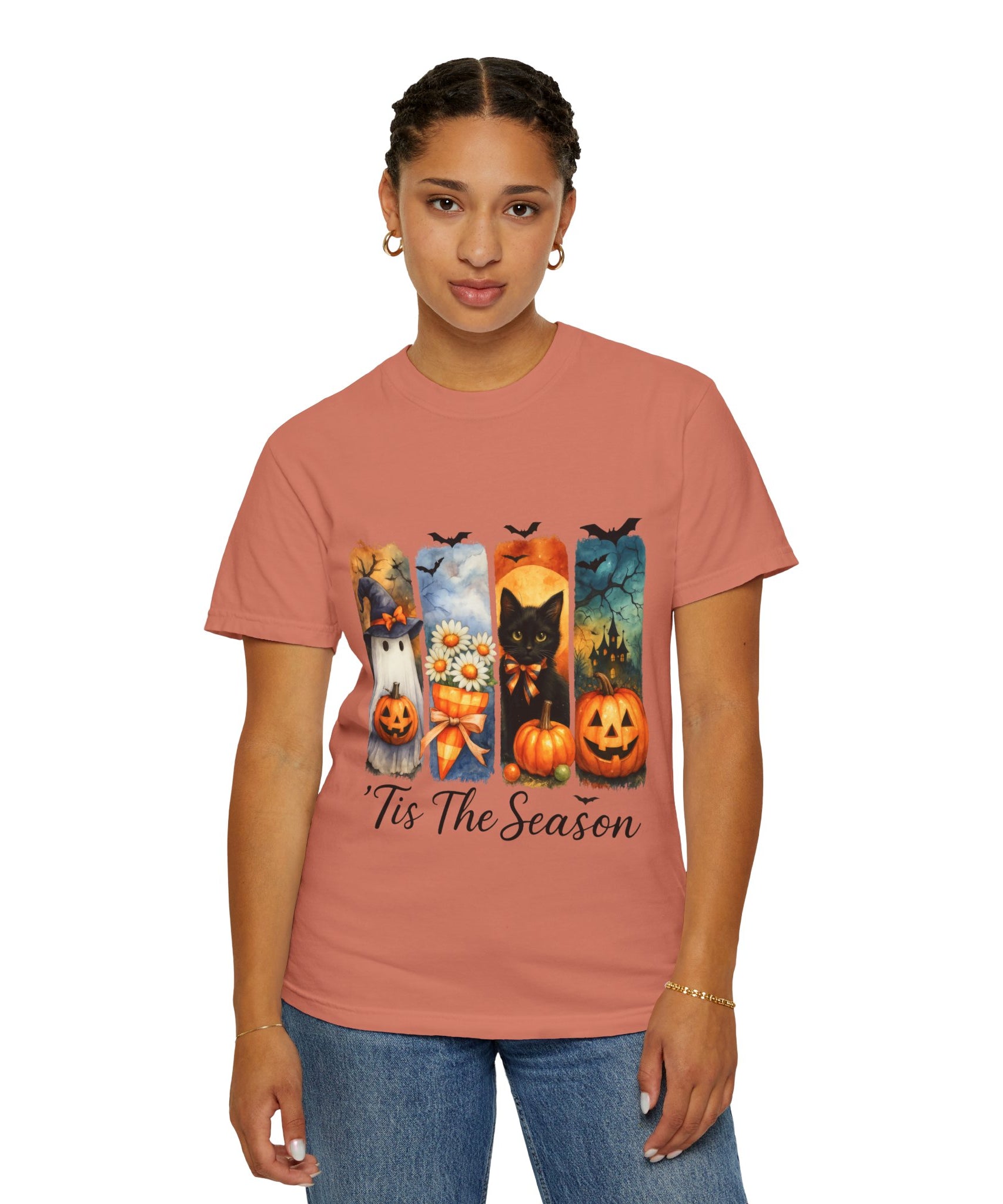 Whimsical Halloween T-Shirt – Ghost, Black Cat, Pumpkins & Haunted House Design - Gallory Hive