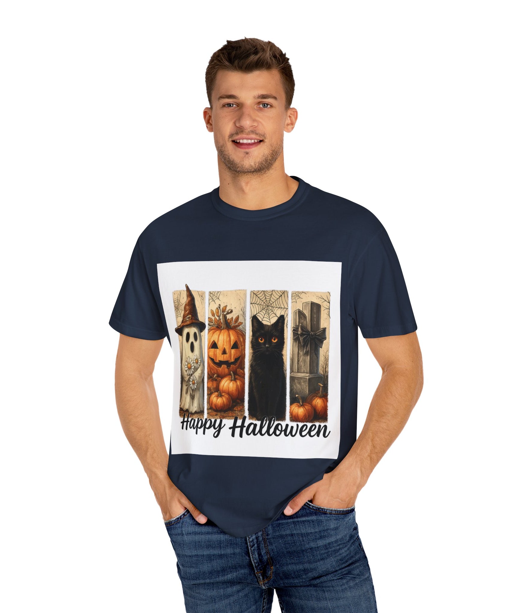 Happy Halloween Unisex T-Shirt – Ghost, Black Cat & Pumpkin Graphic Tee - Gallory Hive