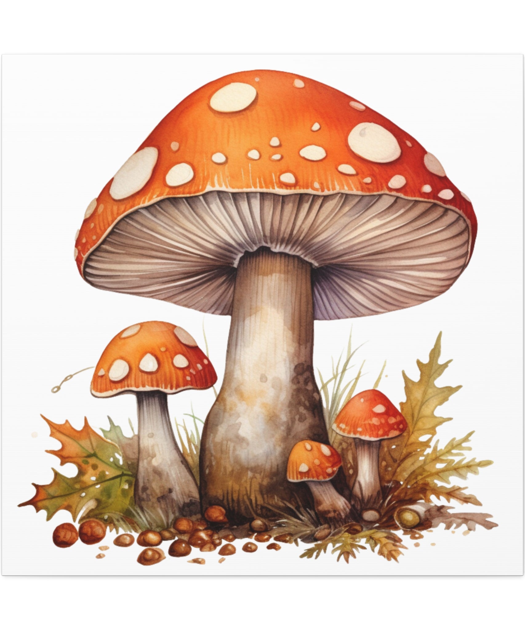 Woodland Wonders – Amanita Muscaria Mushroom Illustration on Floral Canvas Wall Art