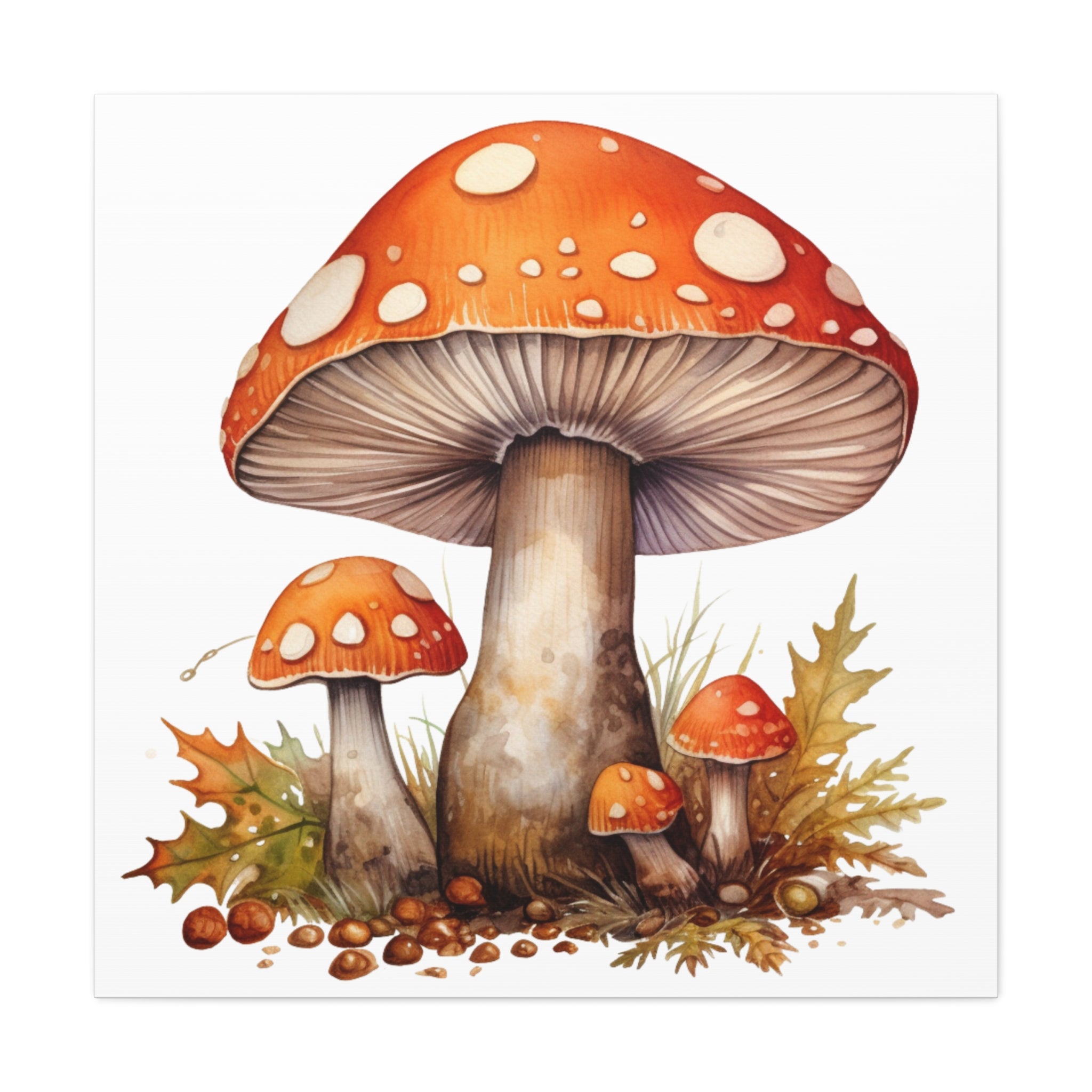 Woodland Wonders – Amanita Muscaria Mushroom Illustration on Floral Canvas Wall Art
