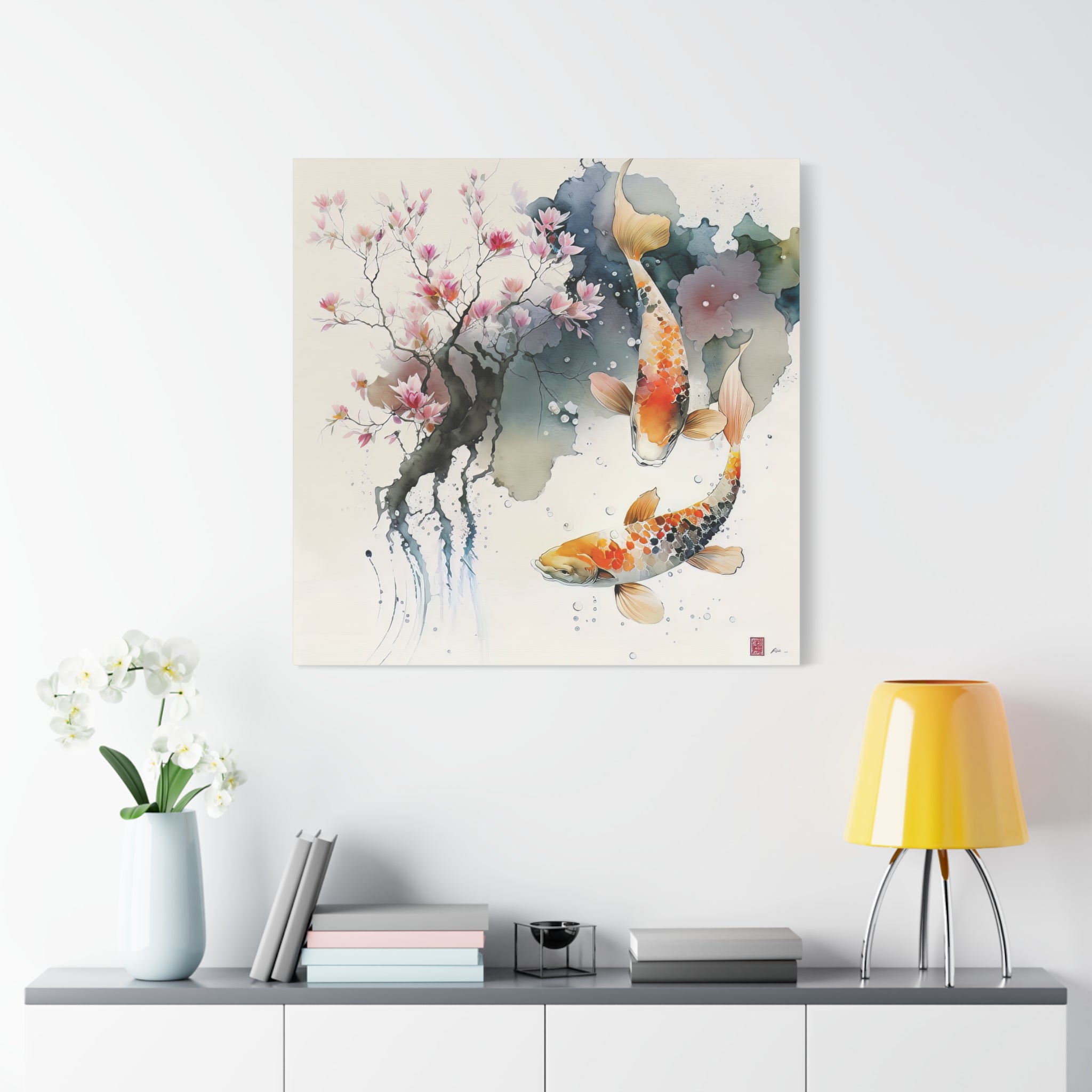 Koi Fish & Cherry Blossom Watercolor Art – Tranquil Japanese Zen Print, Floral Canvas Print, Asian-Inspired Home Decor - Gallory Hive