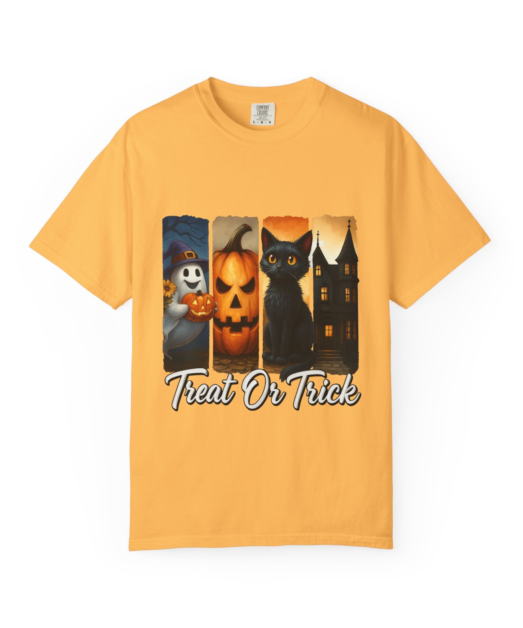Treat Or Trick Halloween T-Shirt – Cute Ghost, Pumpkin, Black Cat & Haunted House Design - Gallory Hive