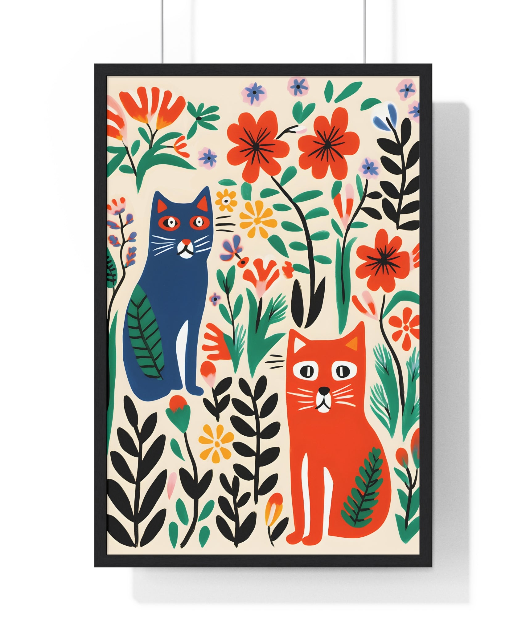 Whimsical Cat & Floral Art – Premium Wooden Framed Poster with Vibrant Garden Scene