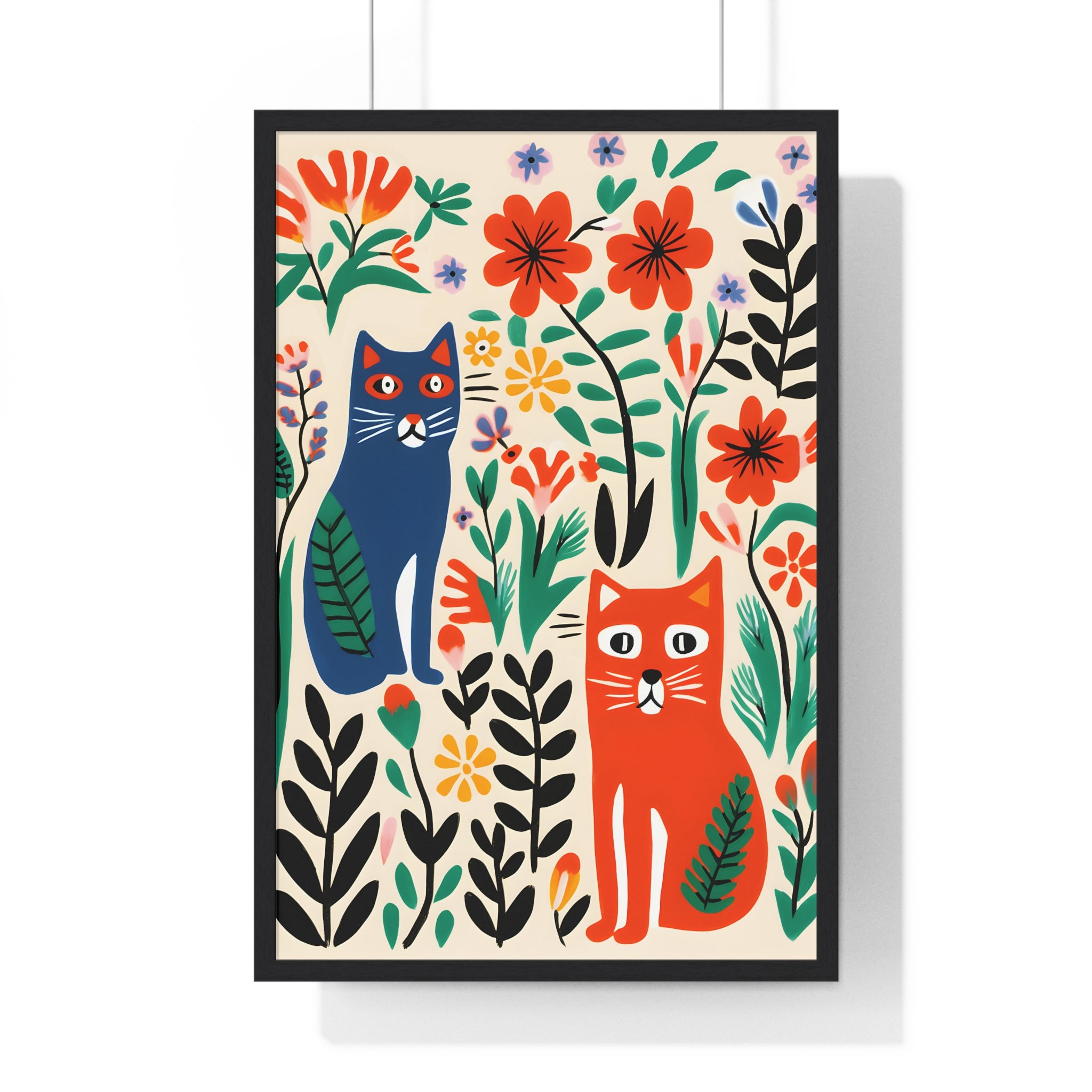 Whimsical Cat & Floral Art – Premium Wooden Framed Poster with Vibrant Garden Scene