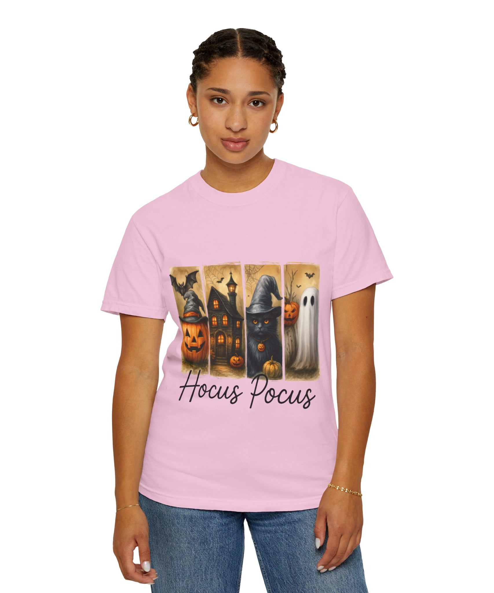 Hocus Pocus Halloween Unisex T-Shirt – Witchy Cat, Haunted House, Pumpkin & Ghost Art - Gallory Hive