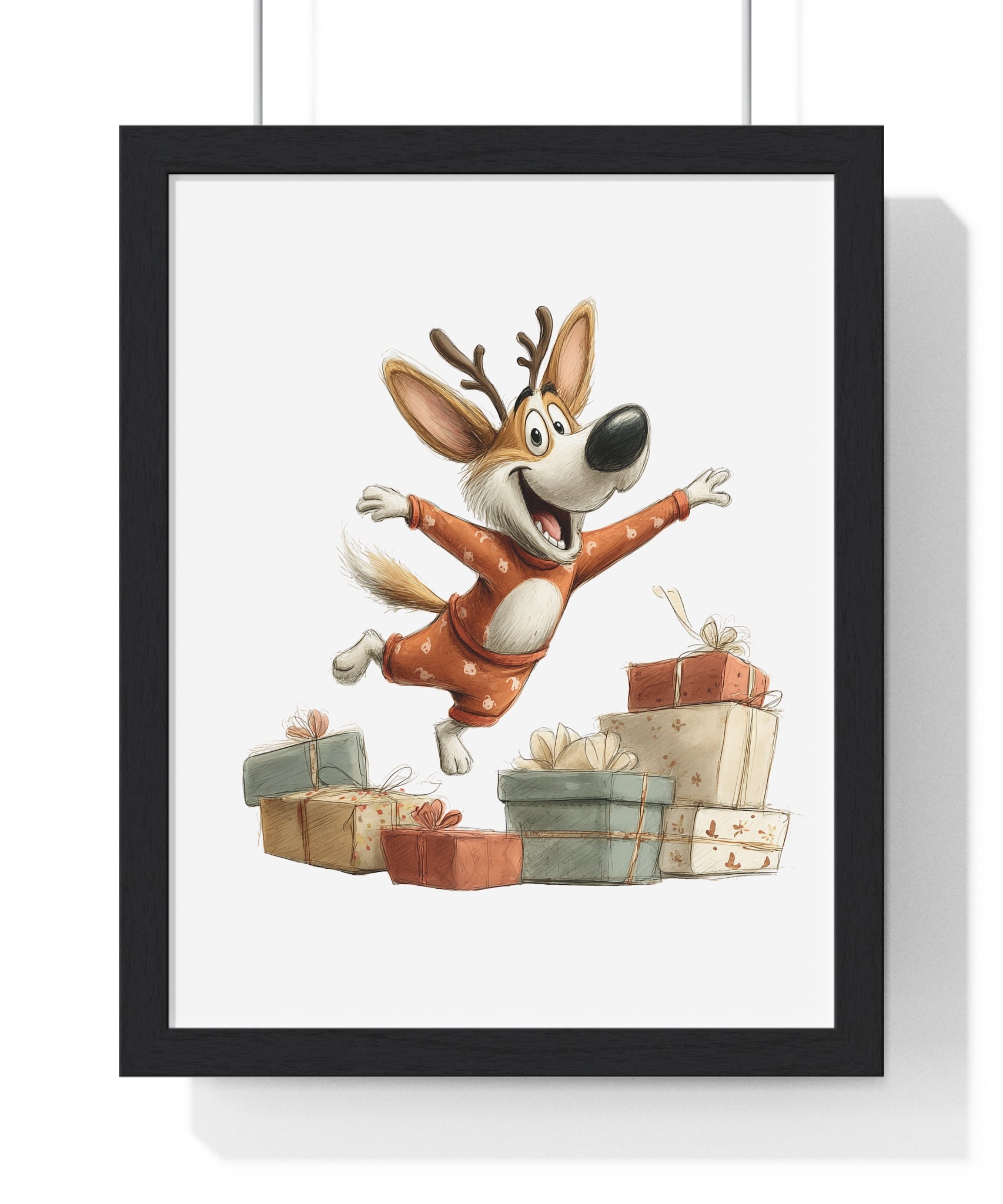 Joyful Christmas Dog in Pajamas – Wooden Framed Holiday Wall Art
