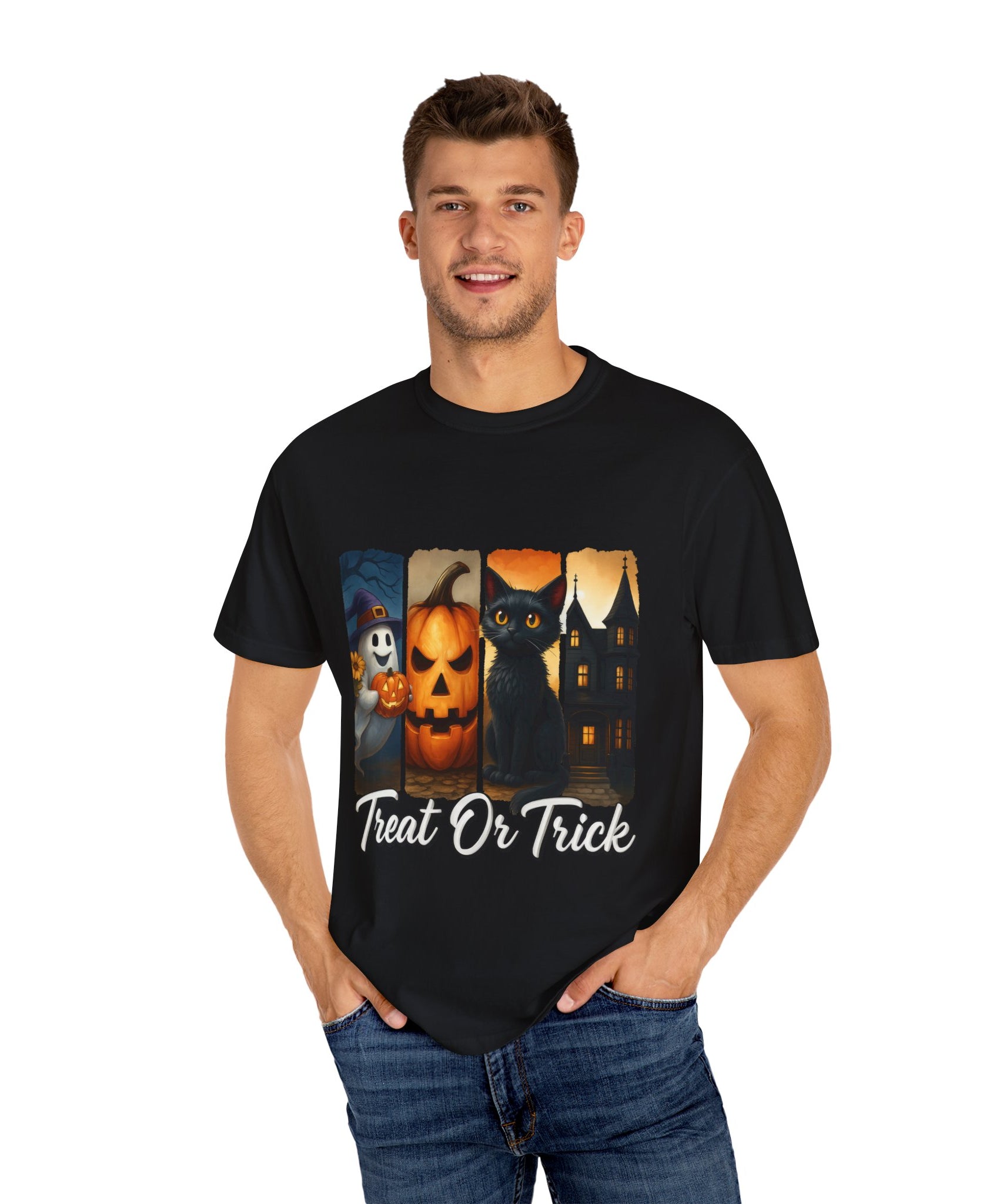 Treat Or Trick Halloween T-Shirt – Cute Ghost, Pumpkin, Black Cat & Haunted House Design - Gallory Hive