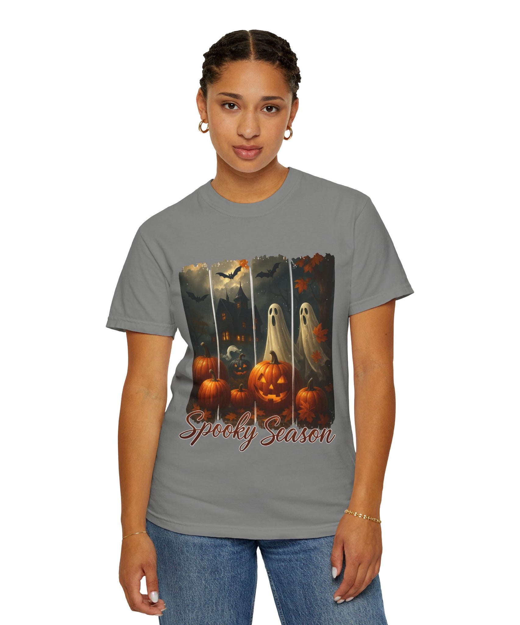 Spooky Season Unisex Halloween T-Shirt – Haunted House, Pumpkins & Ghosts Fall Design - Gallory Hive