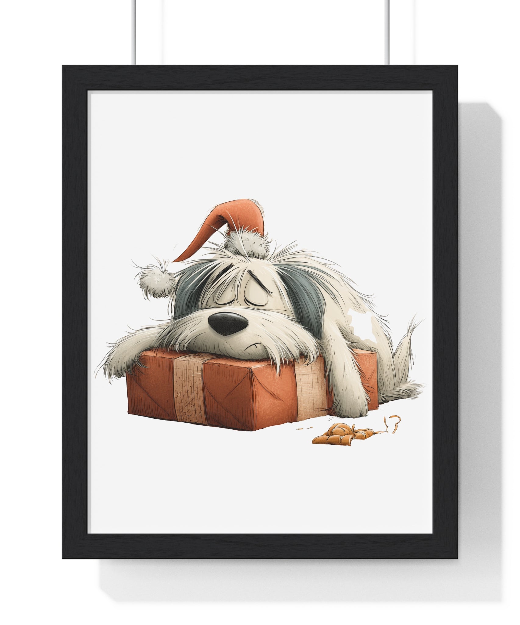 Sleepy Holiday Dog on Gift Box - Framed Christmas Wall Art