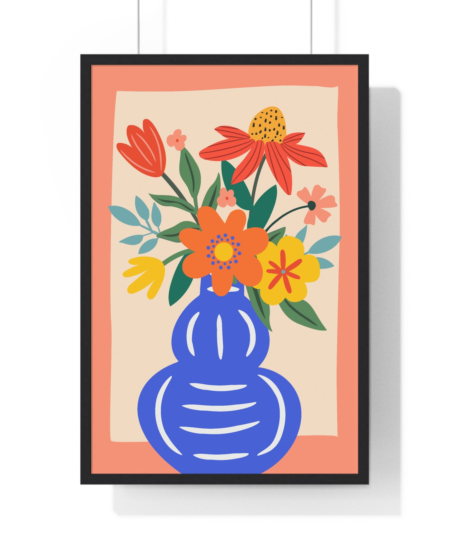 Vibrant Floral Bouquet in Blue Vase Art Print in Premium Frame