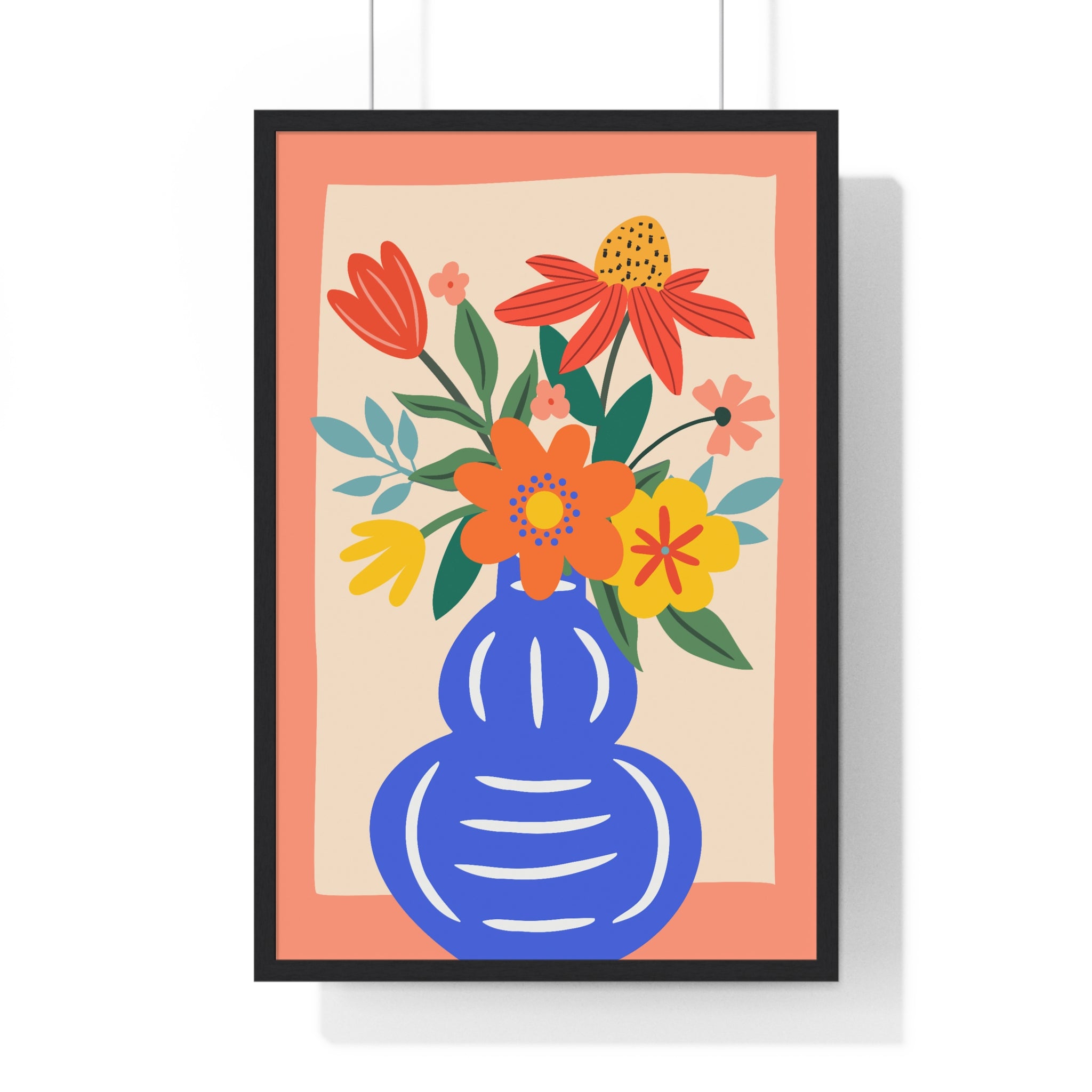 Vibrant Floral Bouquet in Blue Vase Art Print in Premium Frame
