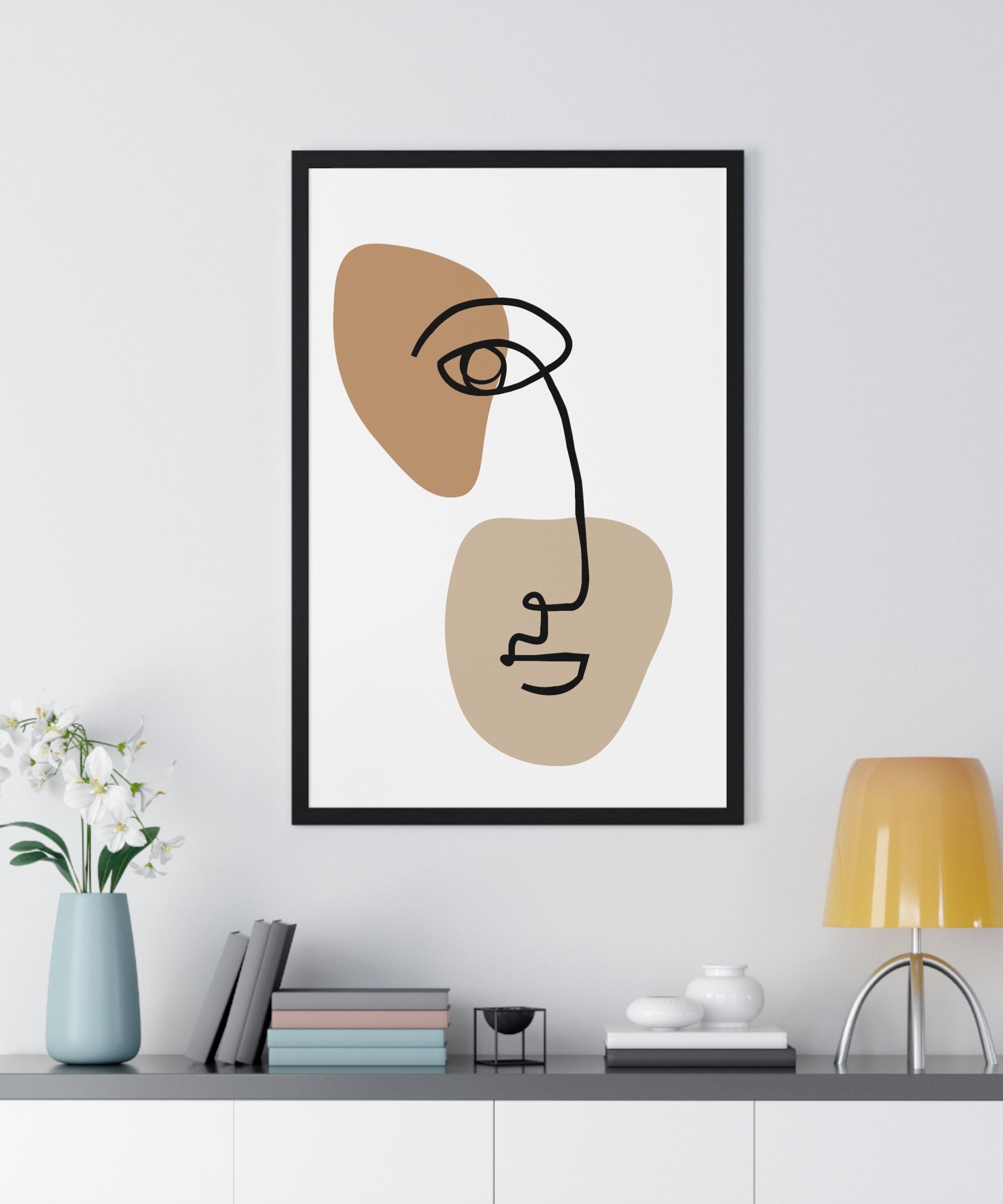 Abstract Face Line Drawing – Wood Frame Poster