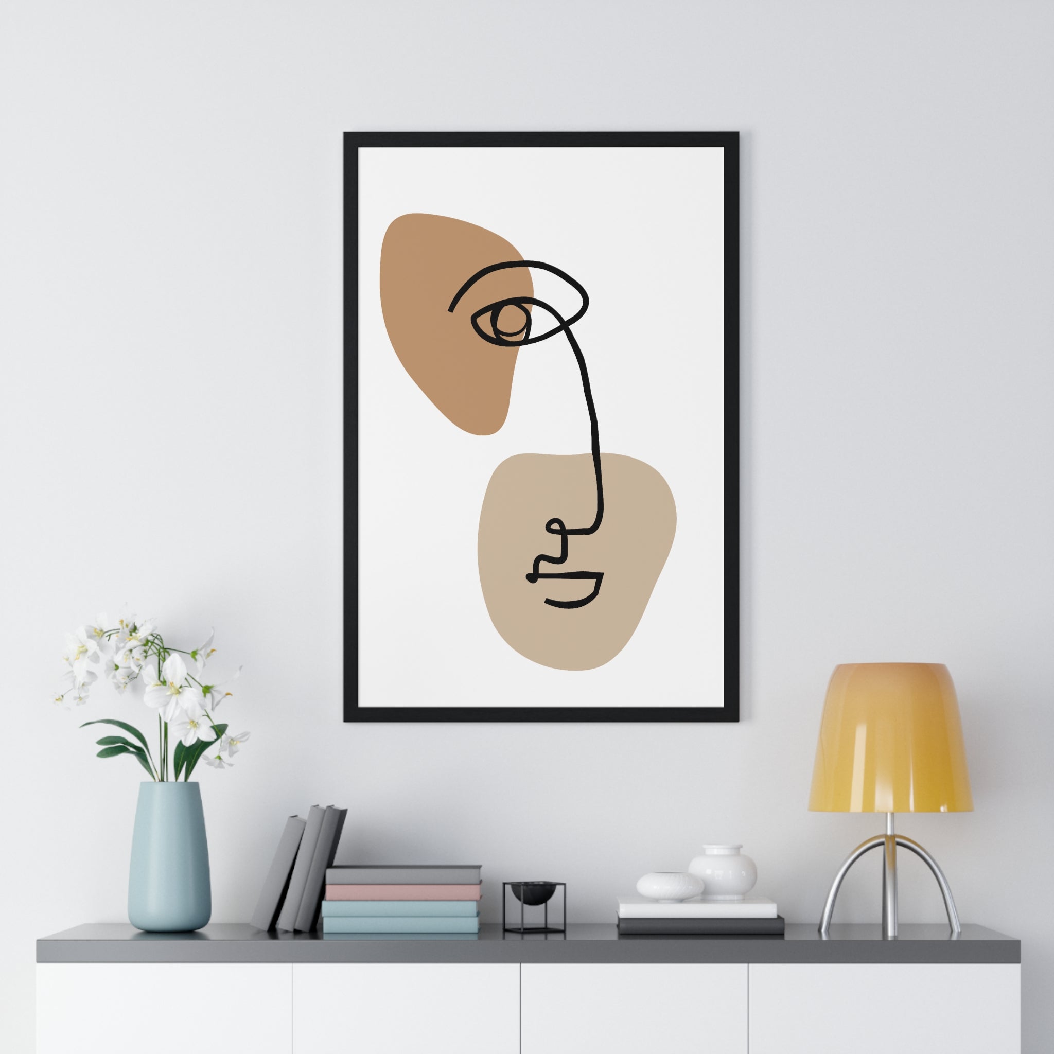 Abstract Face Line Drawing – Wood Frame Poster