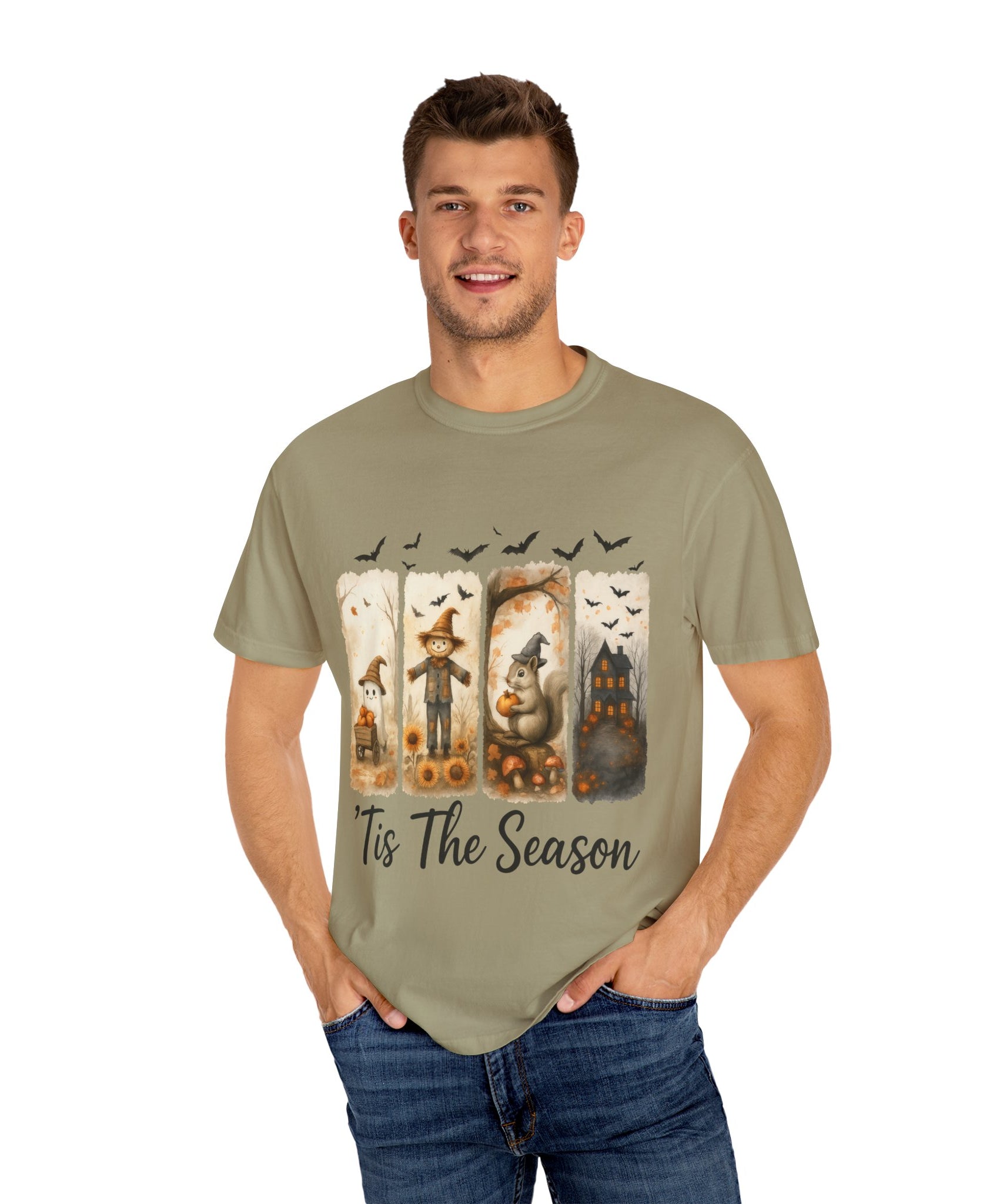 Tis The Season Fall Halloween T-Shirt – Cute Ghost, Scarecrow, Squirrel & Haunted House Design - Gallory Hive