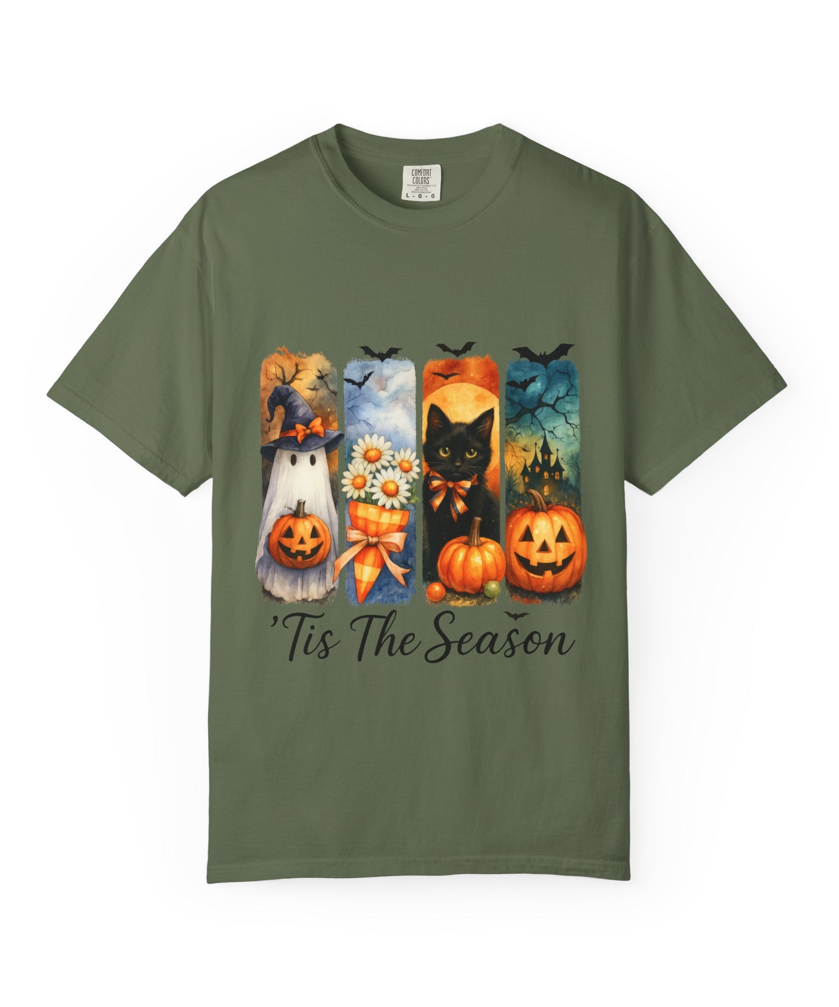 Whimsical Halloween T-Shirt – Ghost, Black Cat, Pumpkins & Haunted House Design - Gallory Hive