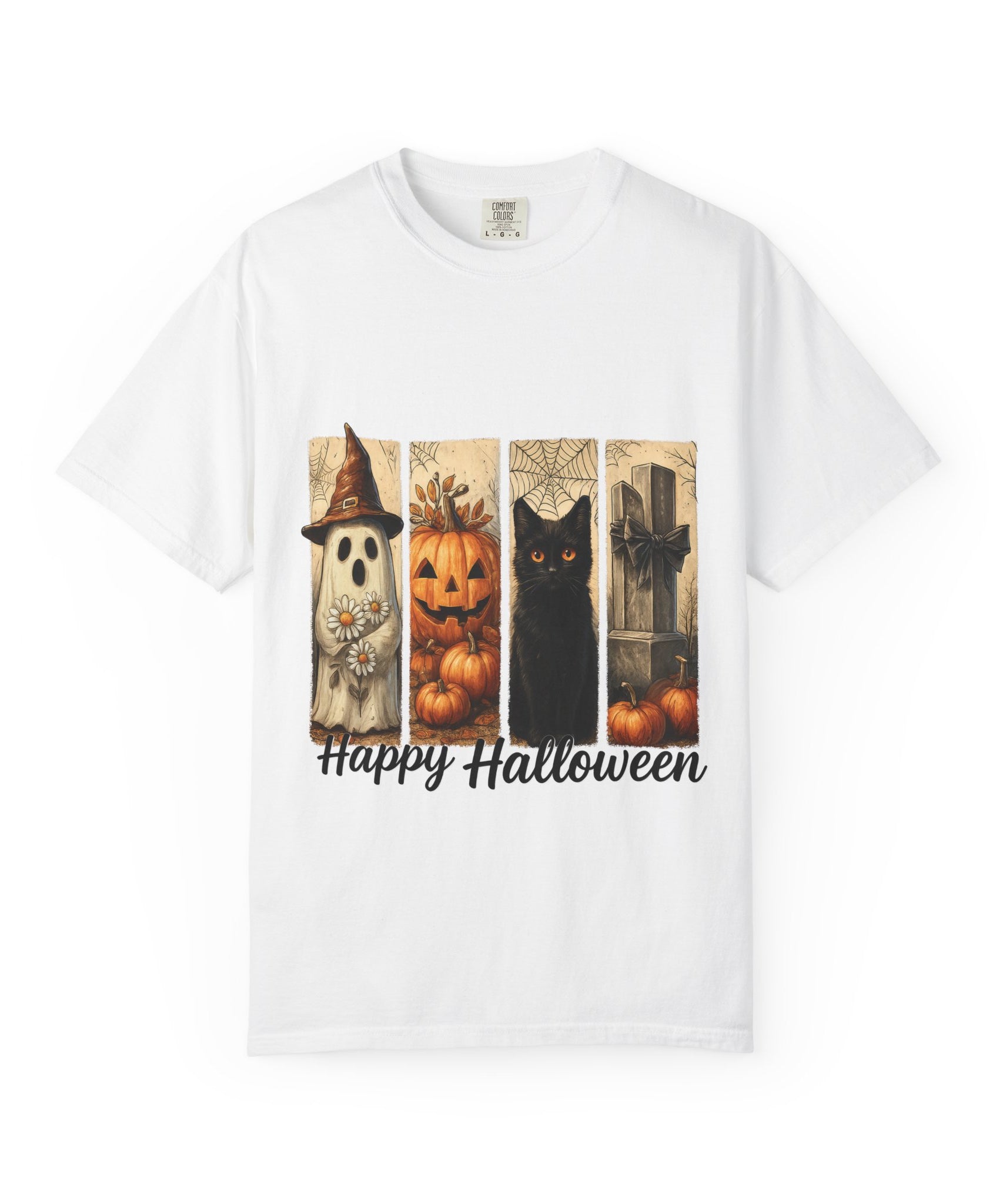 Happy Halloween Unisex T-Shirt – Ghost, Black Cat & Pumpkin Graphic Tee - Gallory Hive