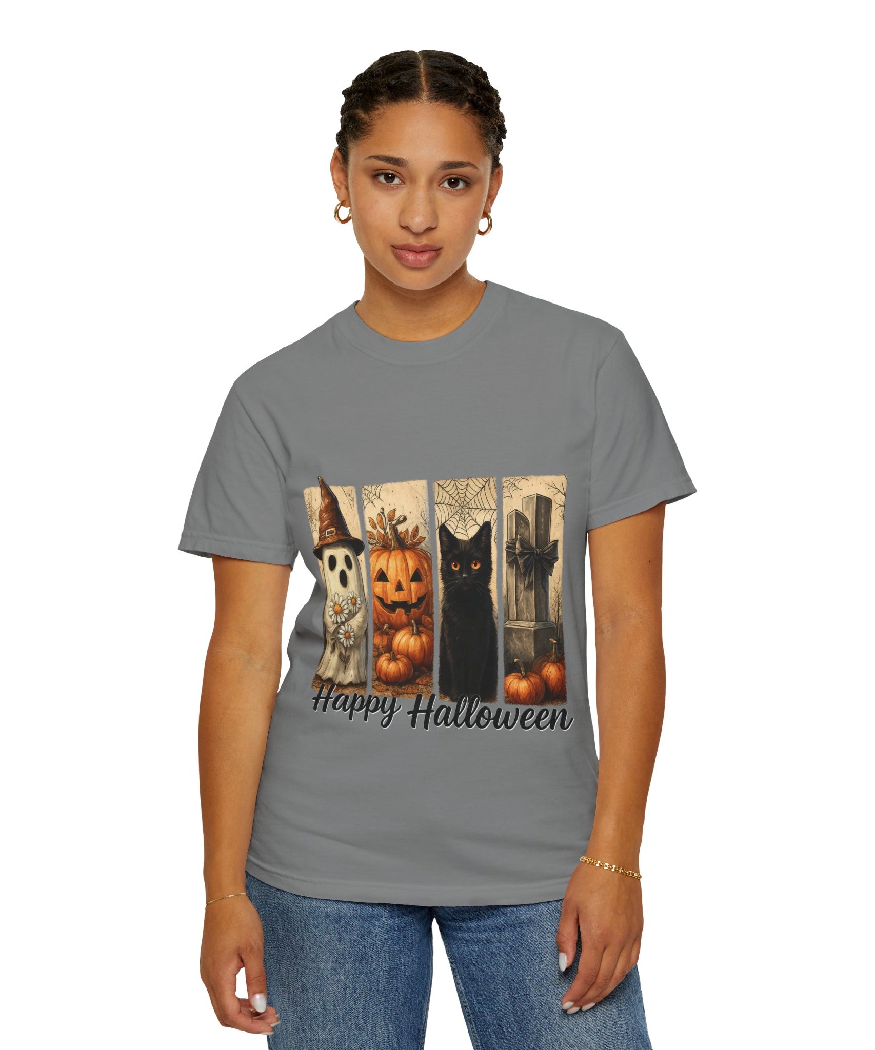 Happy Halloween Unisex T-Shirt – Ghost, Black Cat & Pumpkin Graphic Tee - Gallory Hive