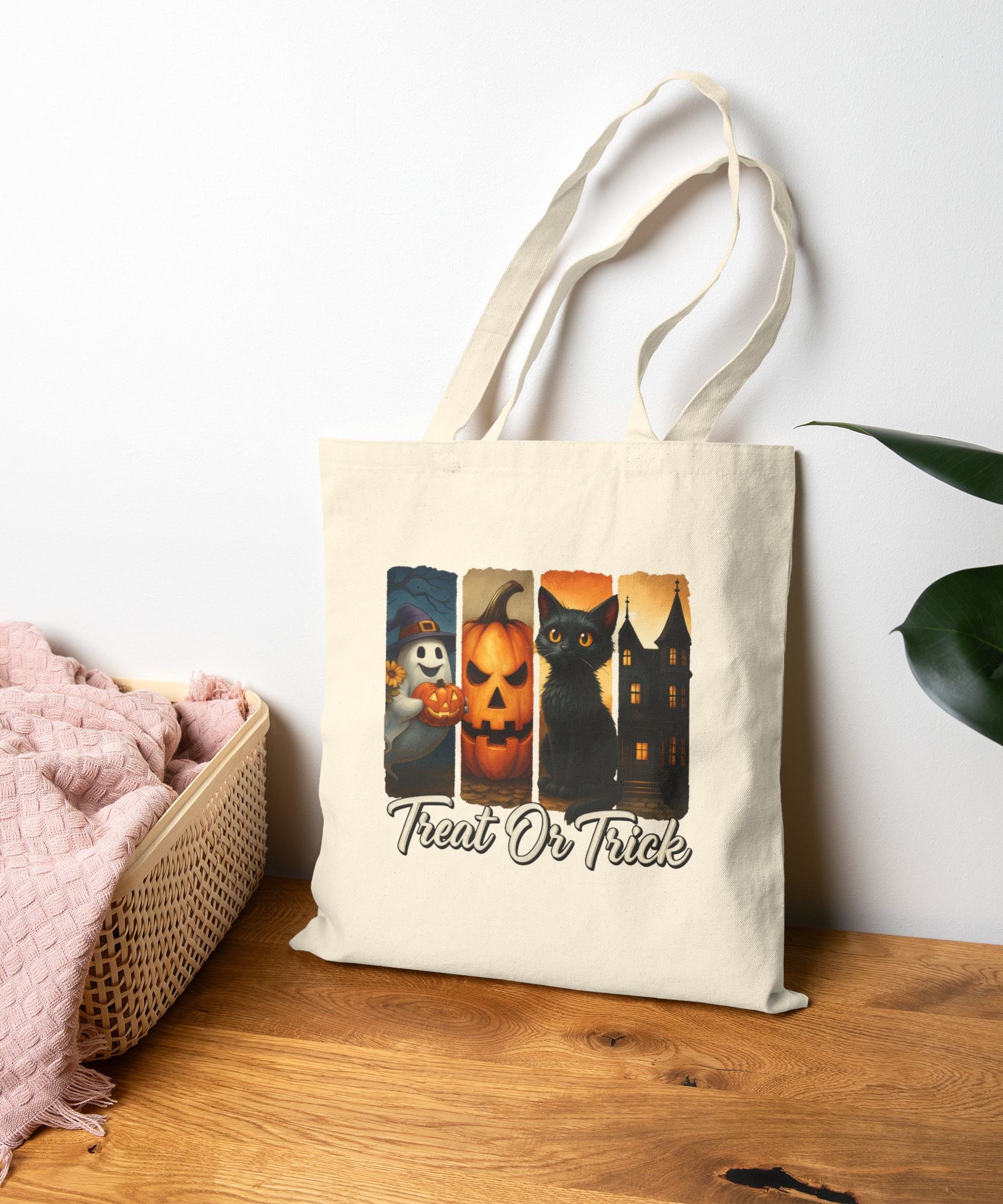 Halloween Tote Bag, Treat or Trick Cotton Bag, Spooky Season Reusable Shopper, Autumn Gift, Haunted House Tote, Cat Lover's Bag - Gallory Hive