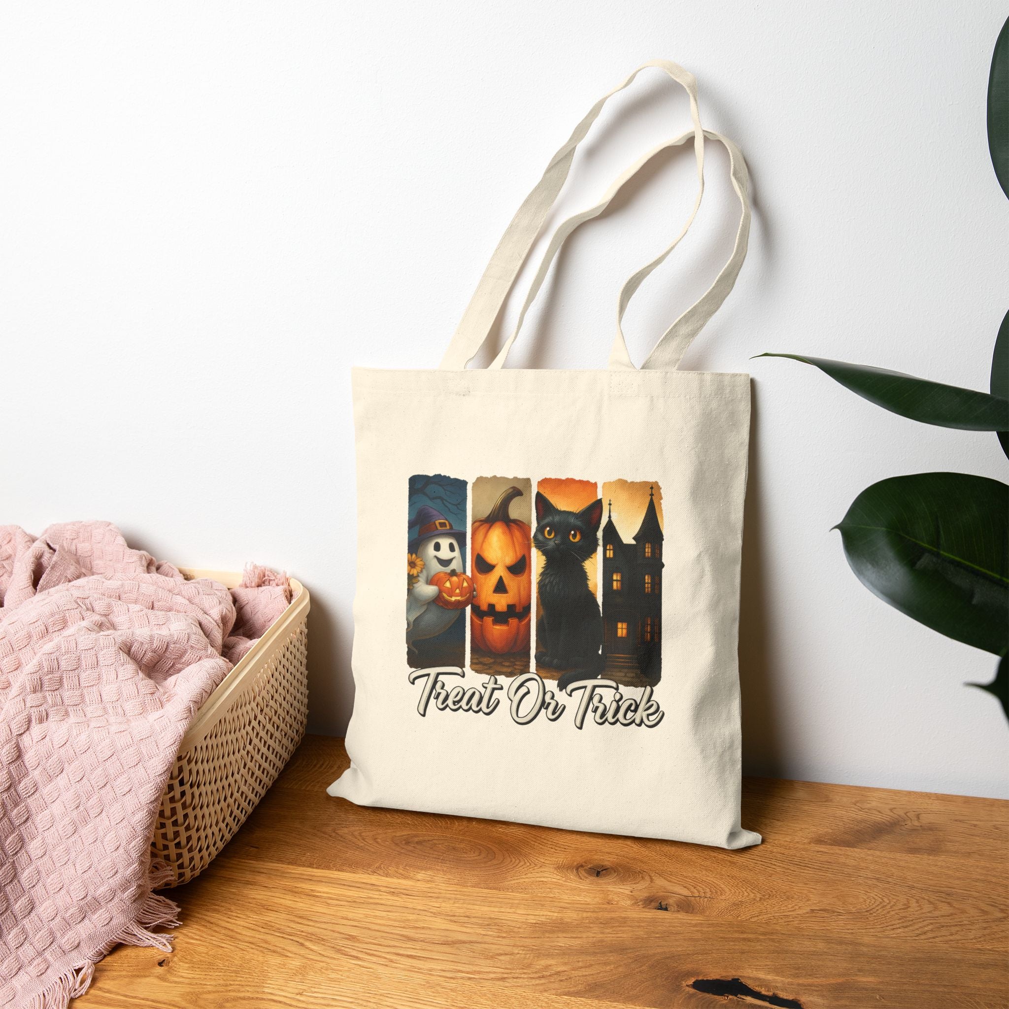 Halloween Tote Bag, Treat or Trick Cotton Bag, Spooky Season Reusable Shopper, Autumn Gift, Haunted House Tote, Cat Lover's Bag - Gallory Hive