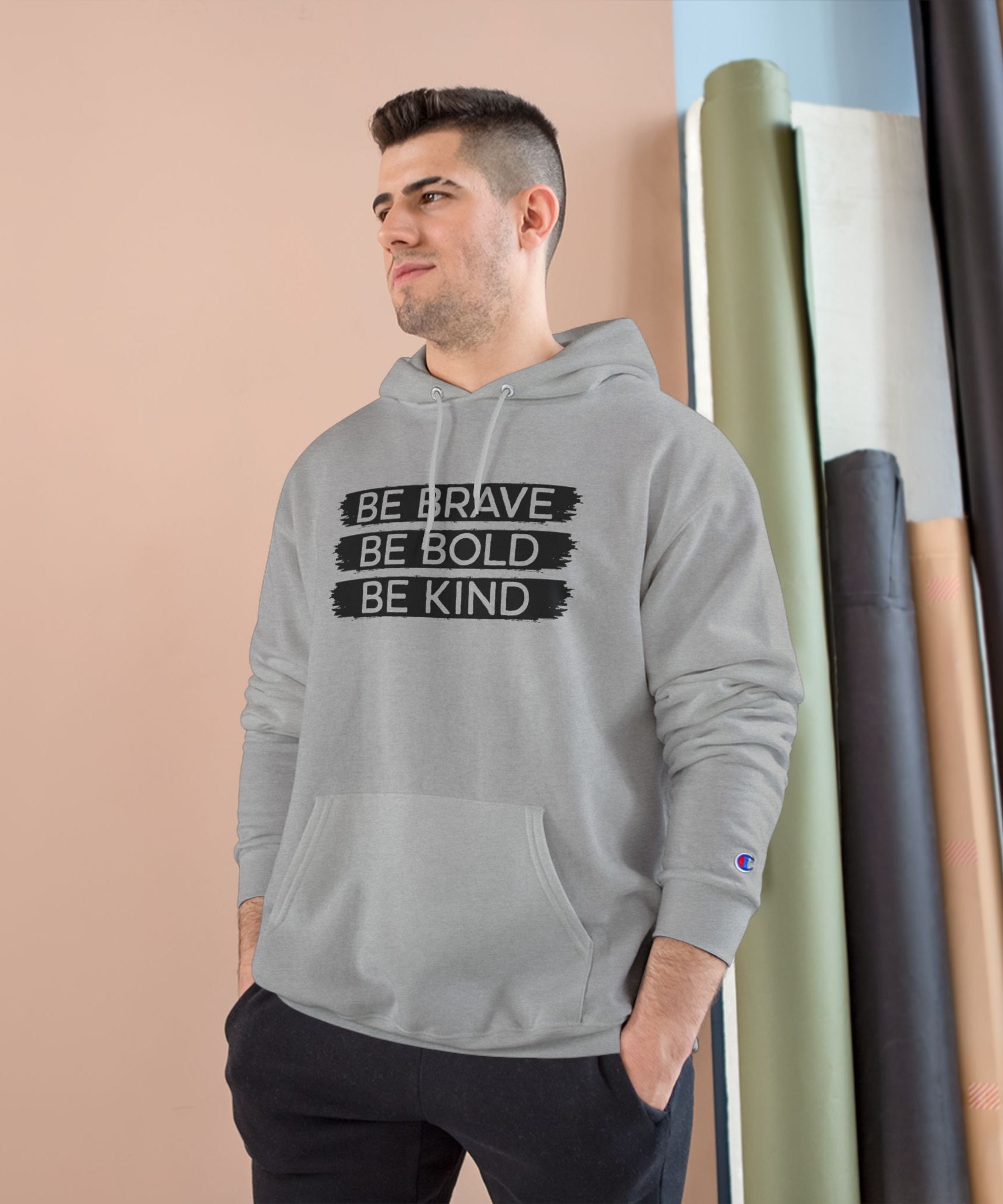 Champion Hoodie - Bold, Brave, Kind Minimalist Hand Sign Print