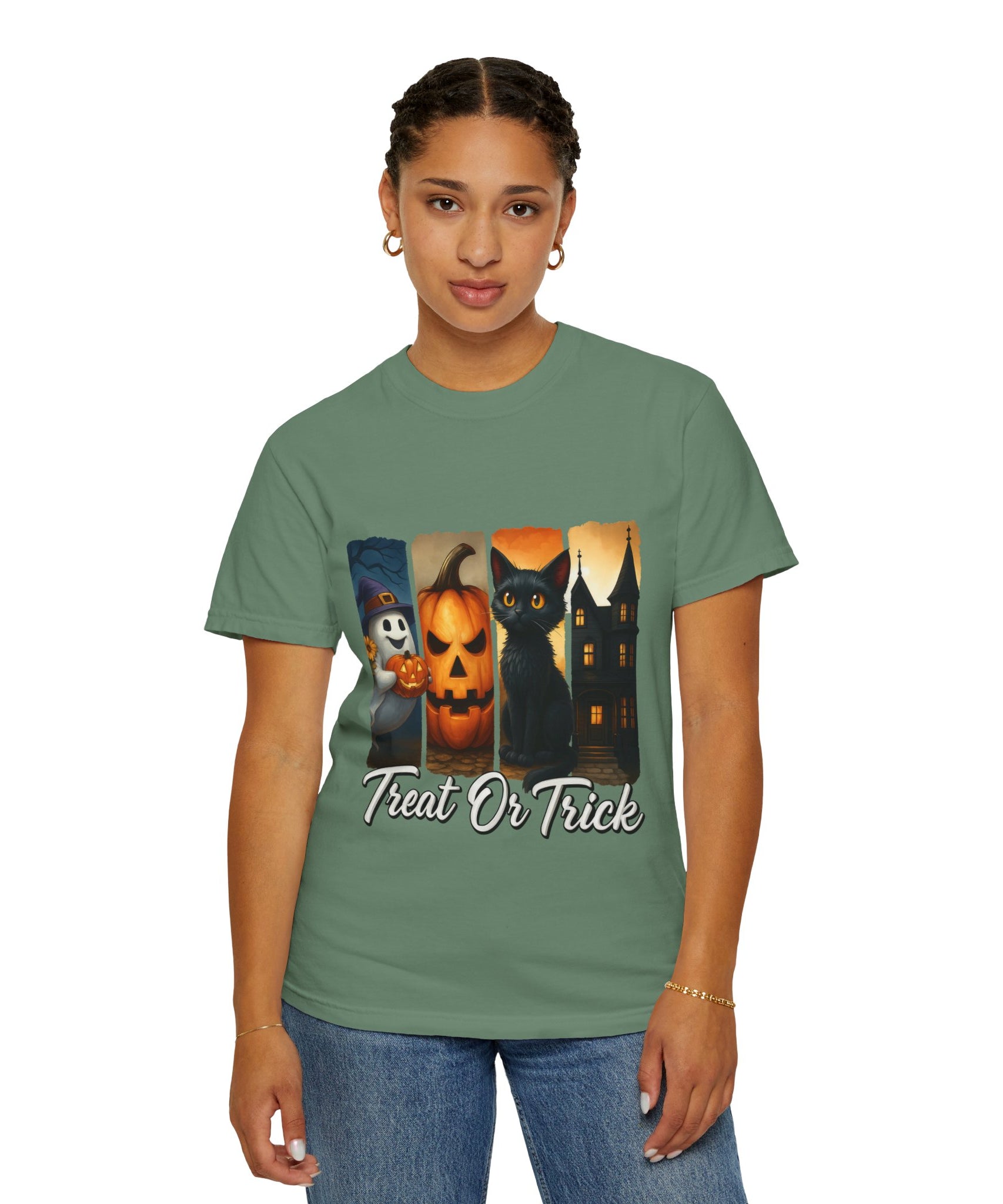 Treat Or Trick Halloween T-Shirt – Cute Ghost, Pumpkin, Black Cat & Haunted House Design - Gallory Hive