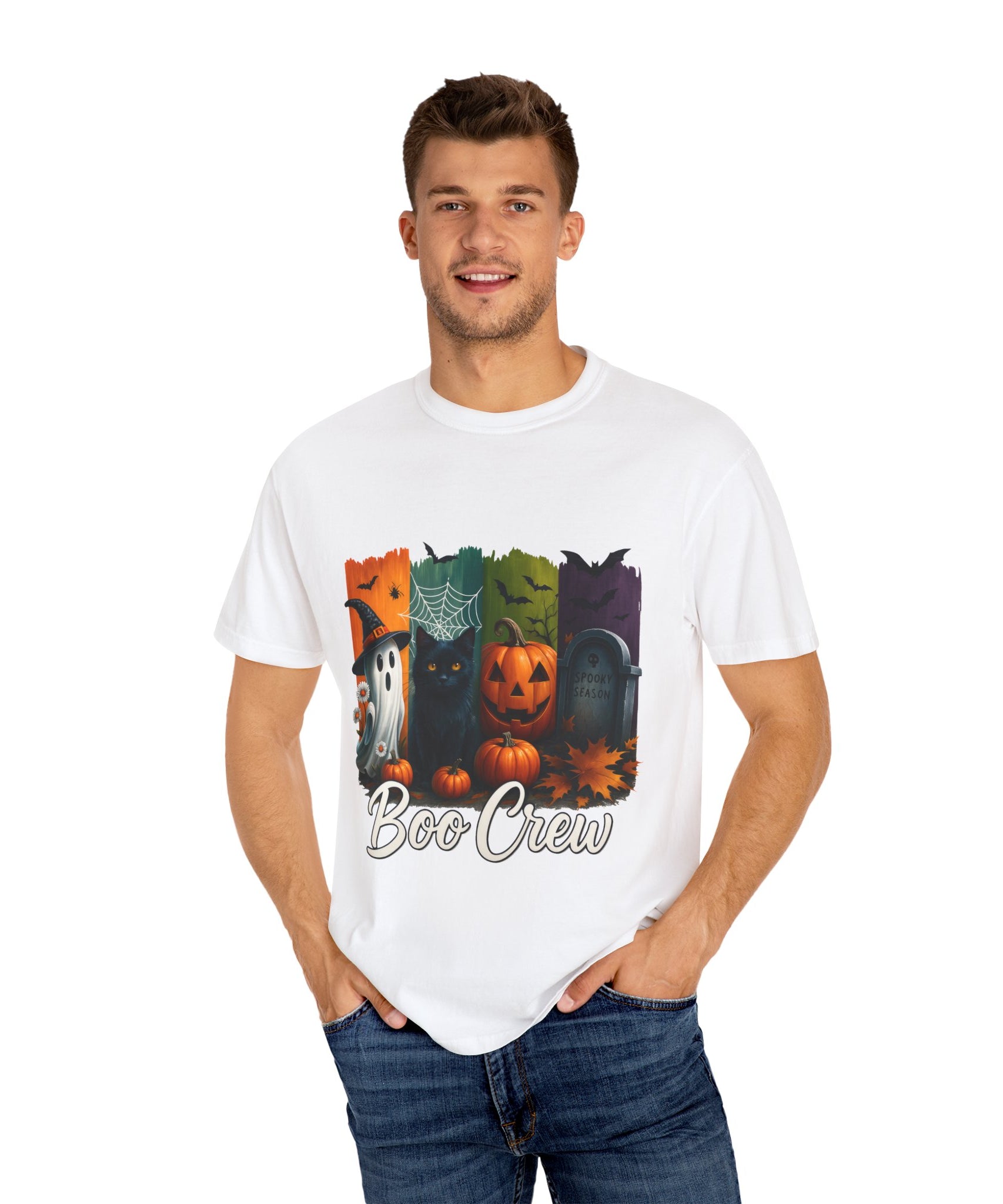 Boo Crew Halloween Unisex T-Shirt – Cute Ghost, Black Cat, Pumpkin & Tombstone Design - Gallory Hive