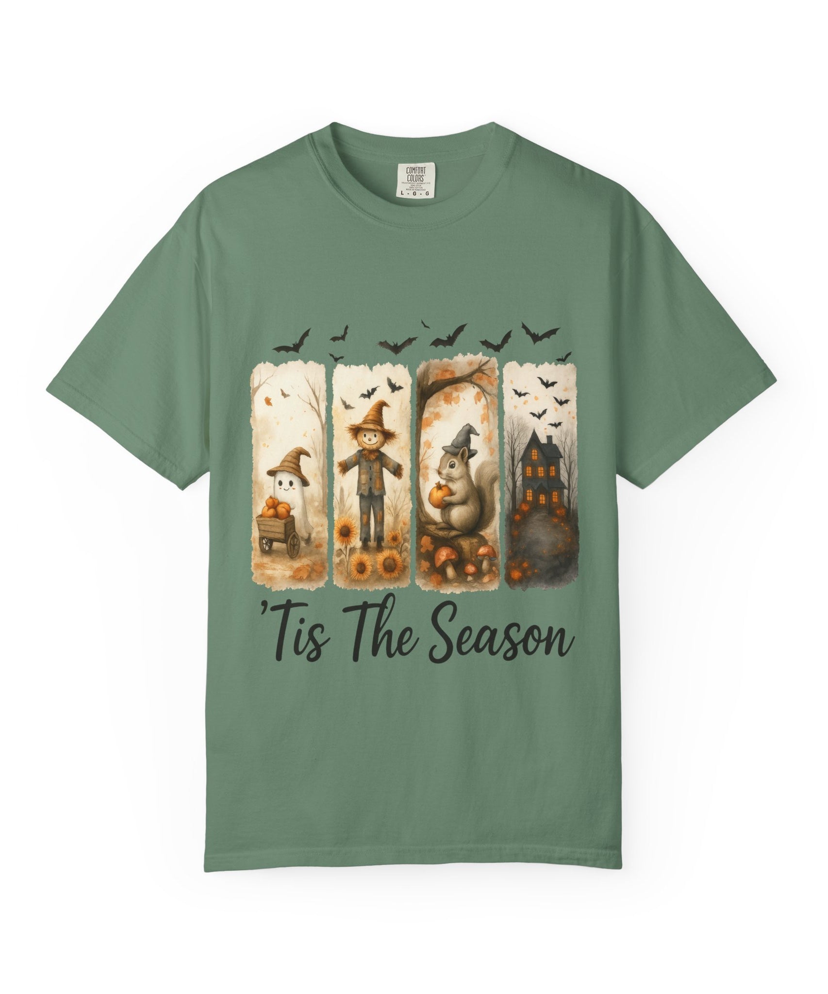 Tis The Season Fall Halloween T-Shirt – Cute Ghost, Scarecrow, Squirrel & Haunted House Design - Gallory Hive