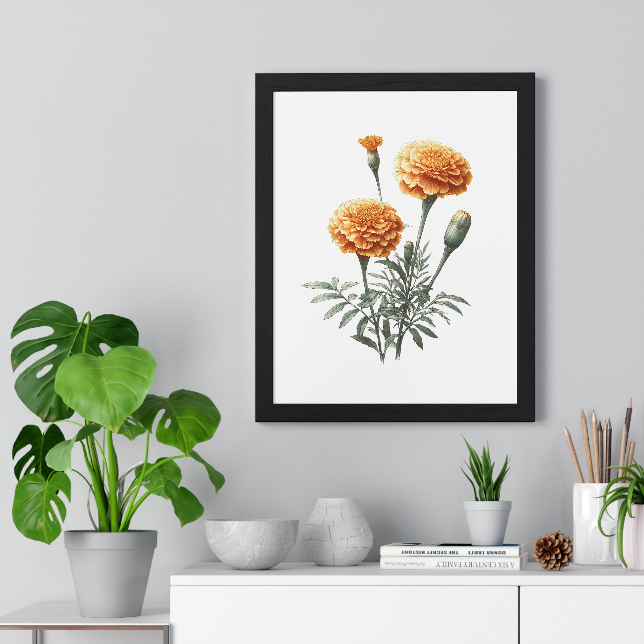 Marigold Birth Flower Wall Art – October Floral Print in Wooden Frame
