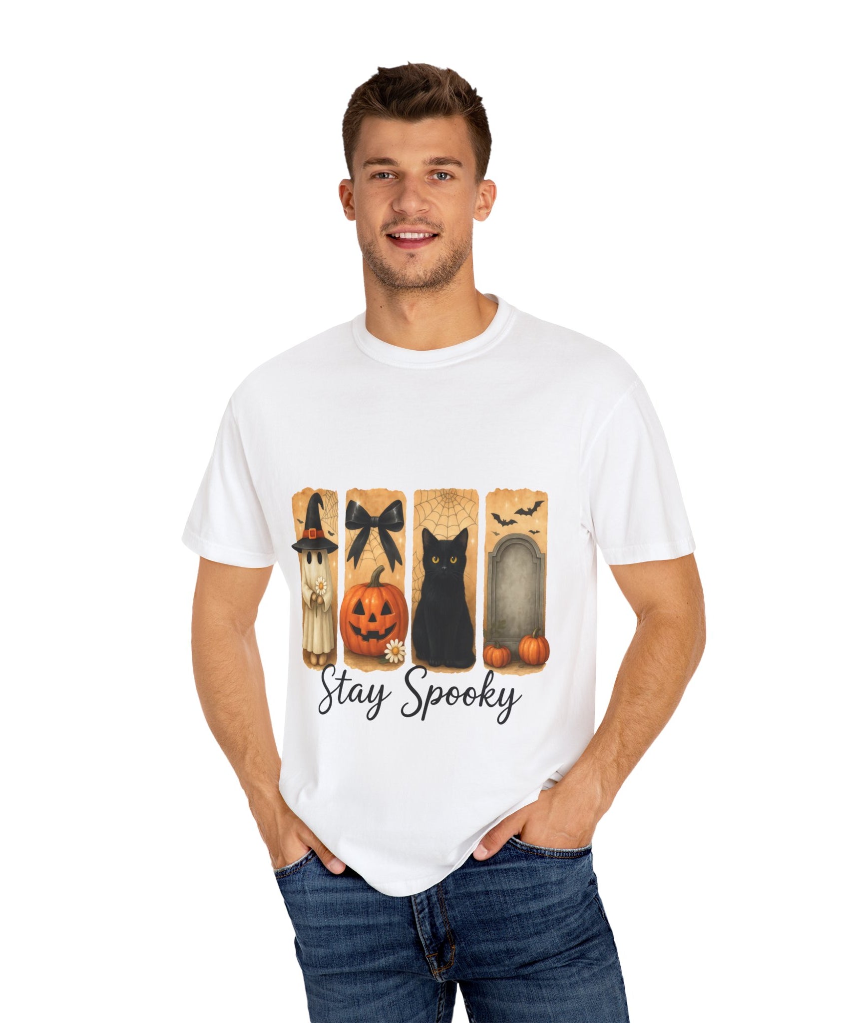 Cute Halloween T-Shirt – Ghost in Witch Hat, Pumpkin, Black Cat & Tombstone Design - Gallory Hive